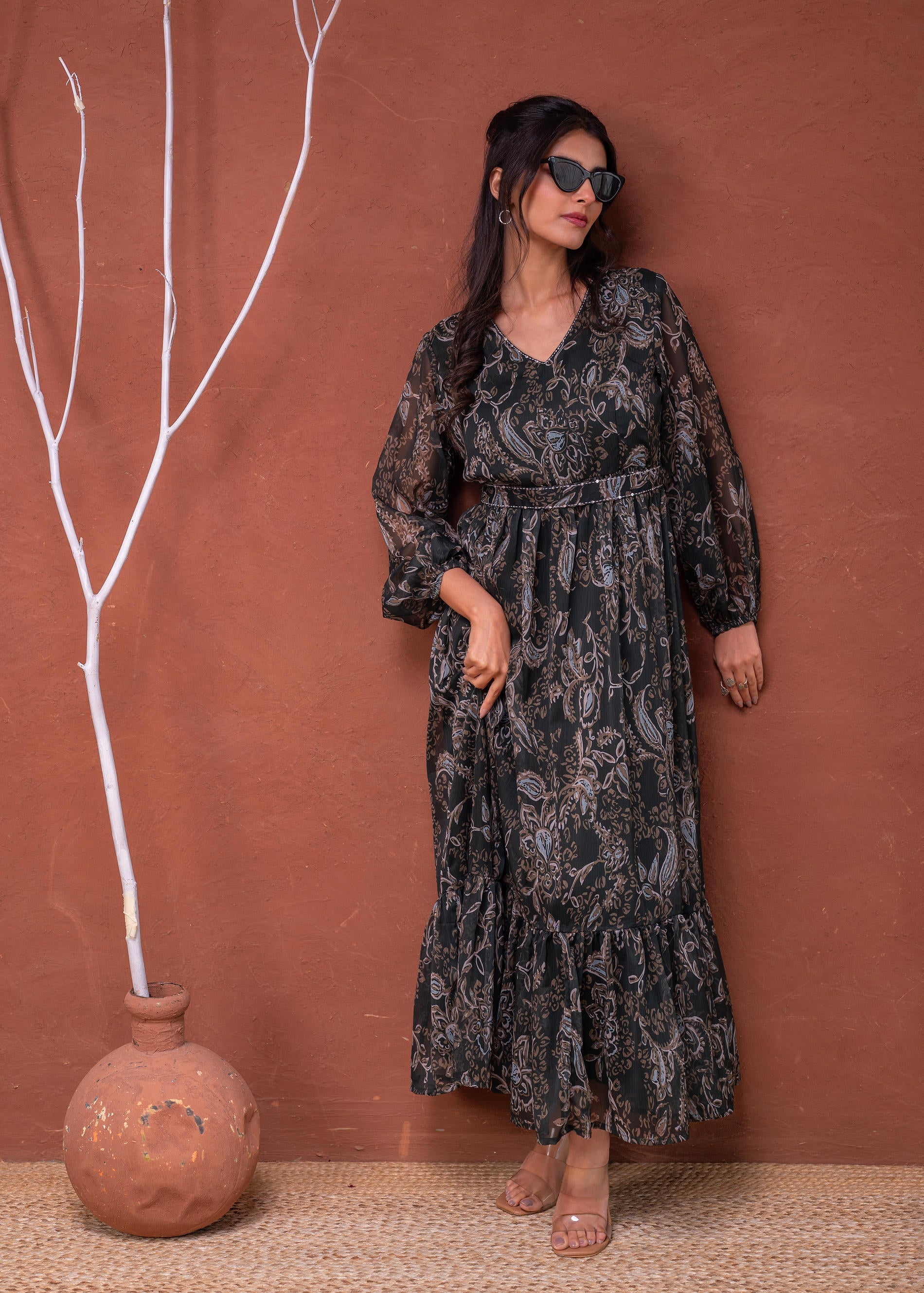 Floral Printed Dress With Sheer Sleeves & Beaded Waist Detailing