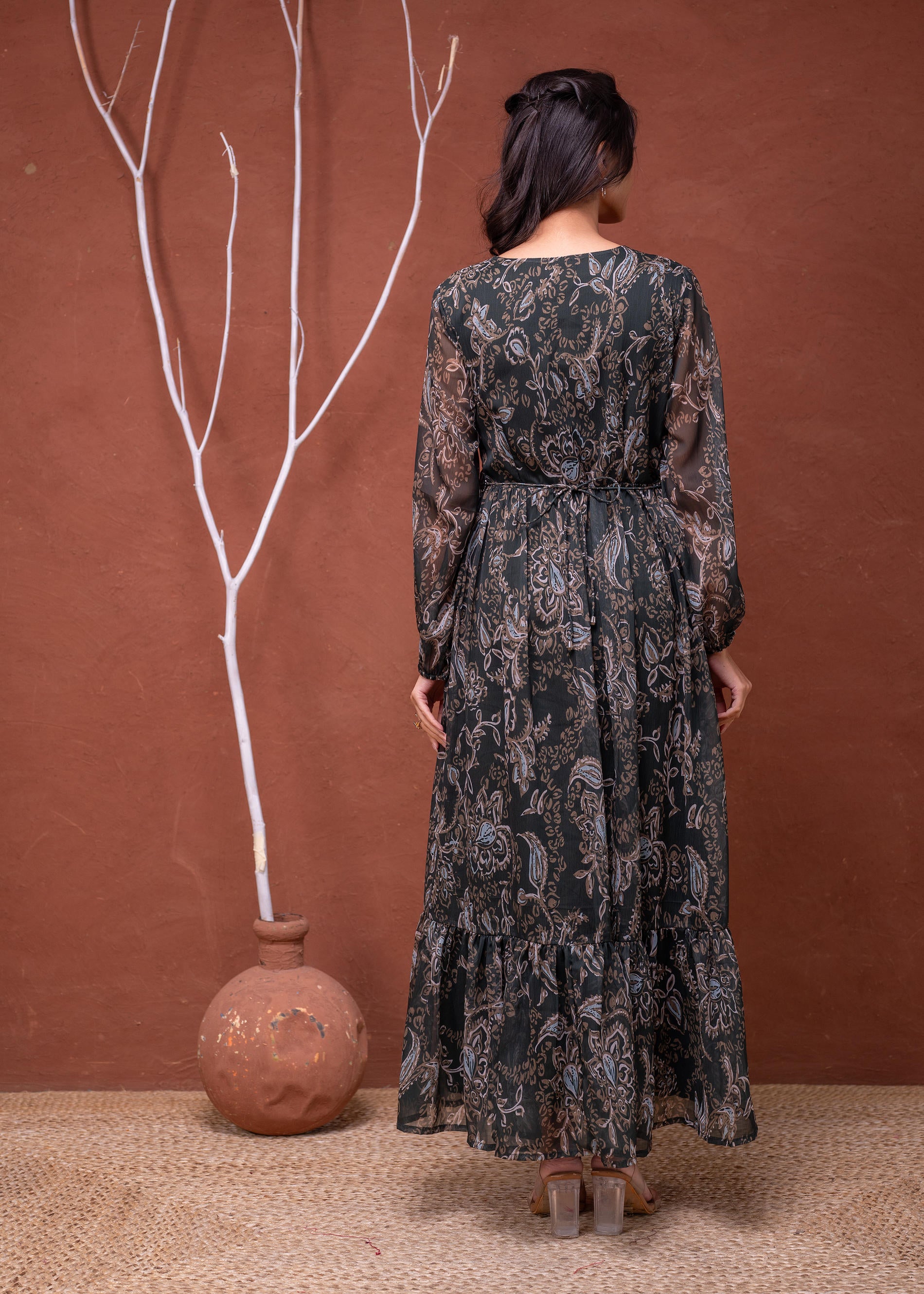 Floral Printed Dress With Sheer Sleeves & Beaded Waist Detailing