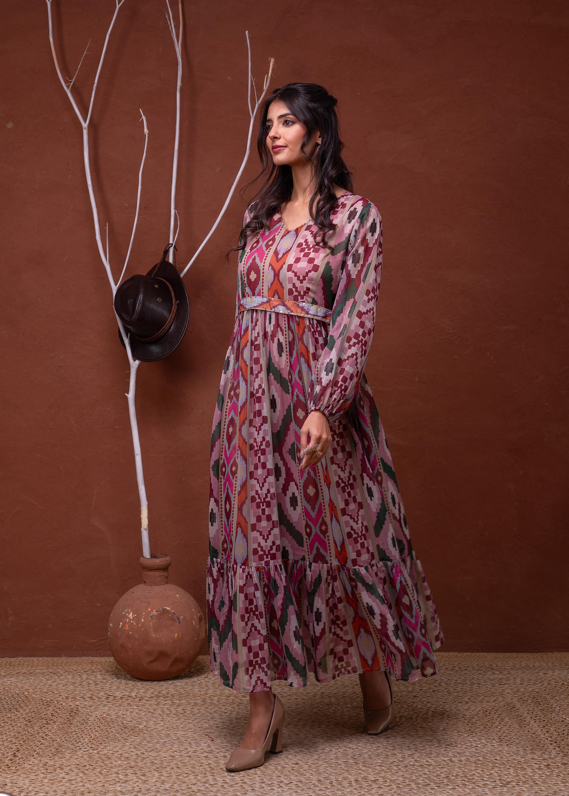 Floral Printed Dress With Sheer Sleeves & Beaded Waist Detailing