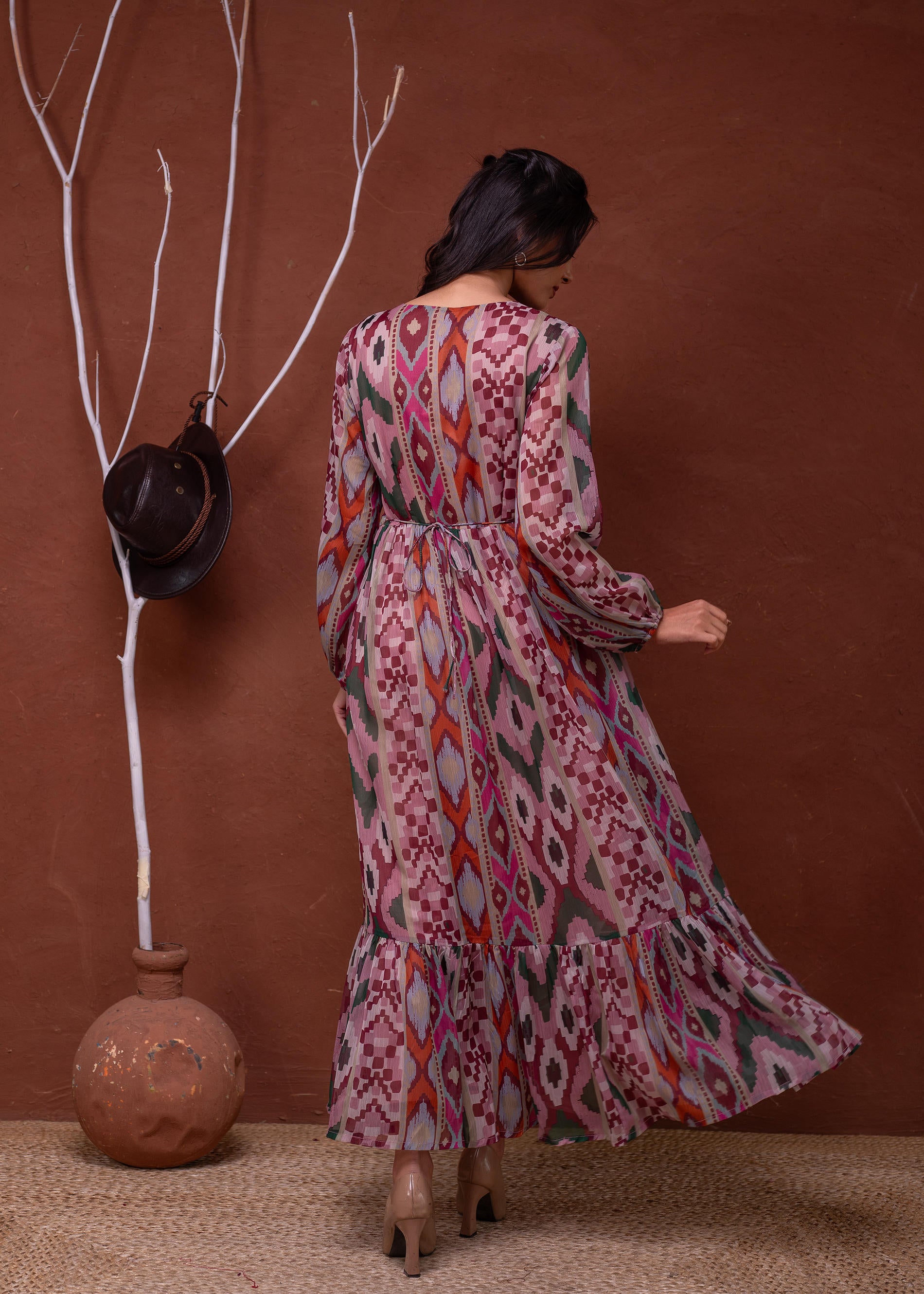Floral Printed Dress With Sheer Sleeves & Beaded Waist Detailing