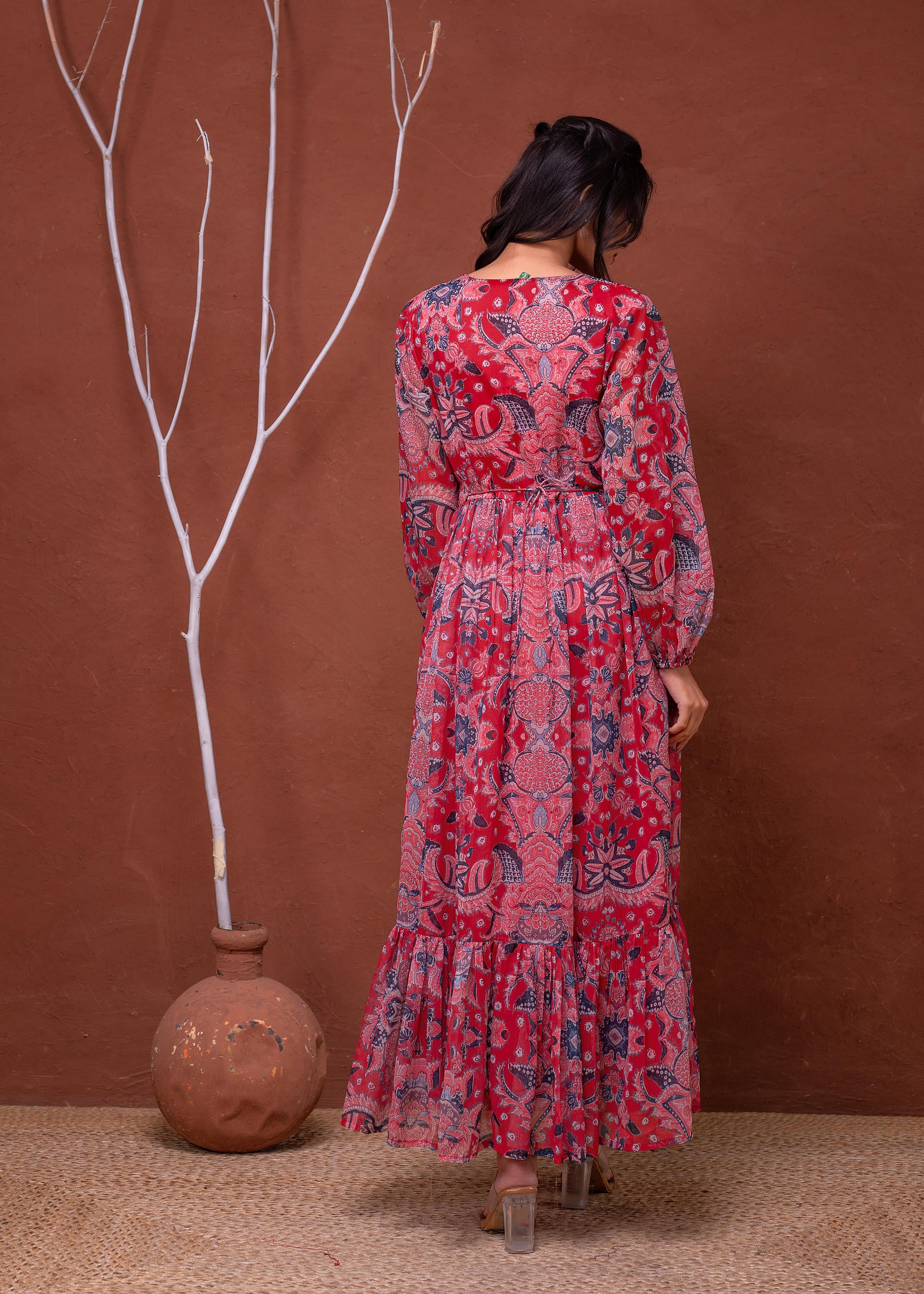Floral Printed Dress With Sheer Sleeves & Beaded Waist Detailing