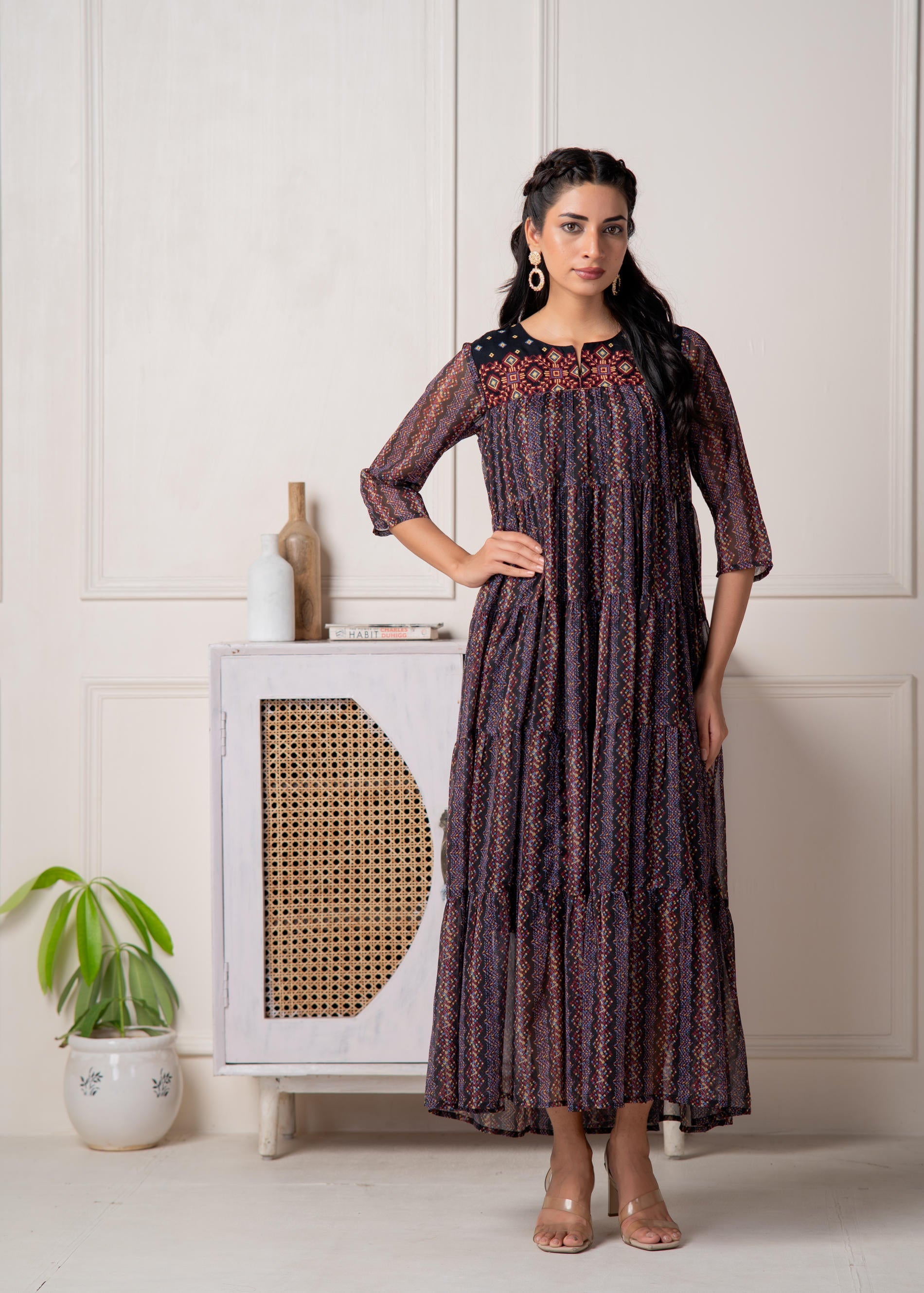 Blue Printed Tiered Dress With Detailed Yoke