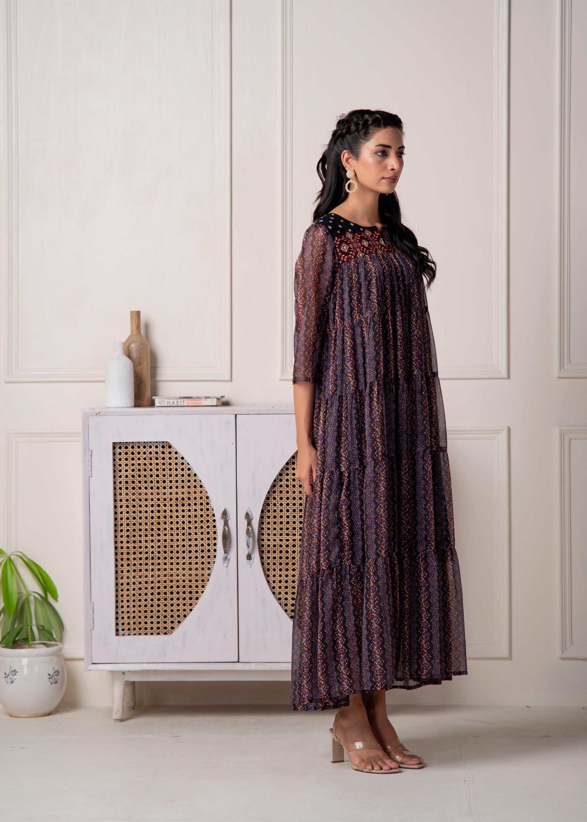 Blue Printed Tiered Dress With Detailed Yoke