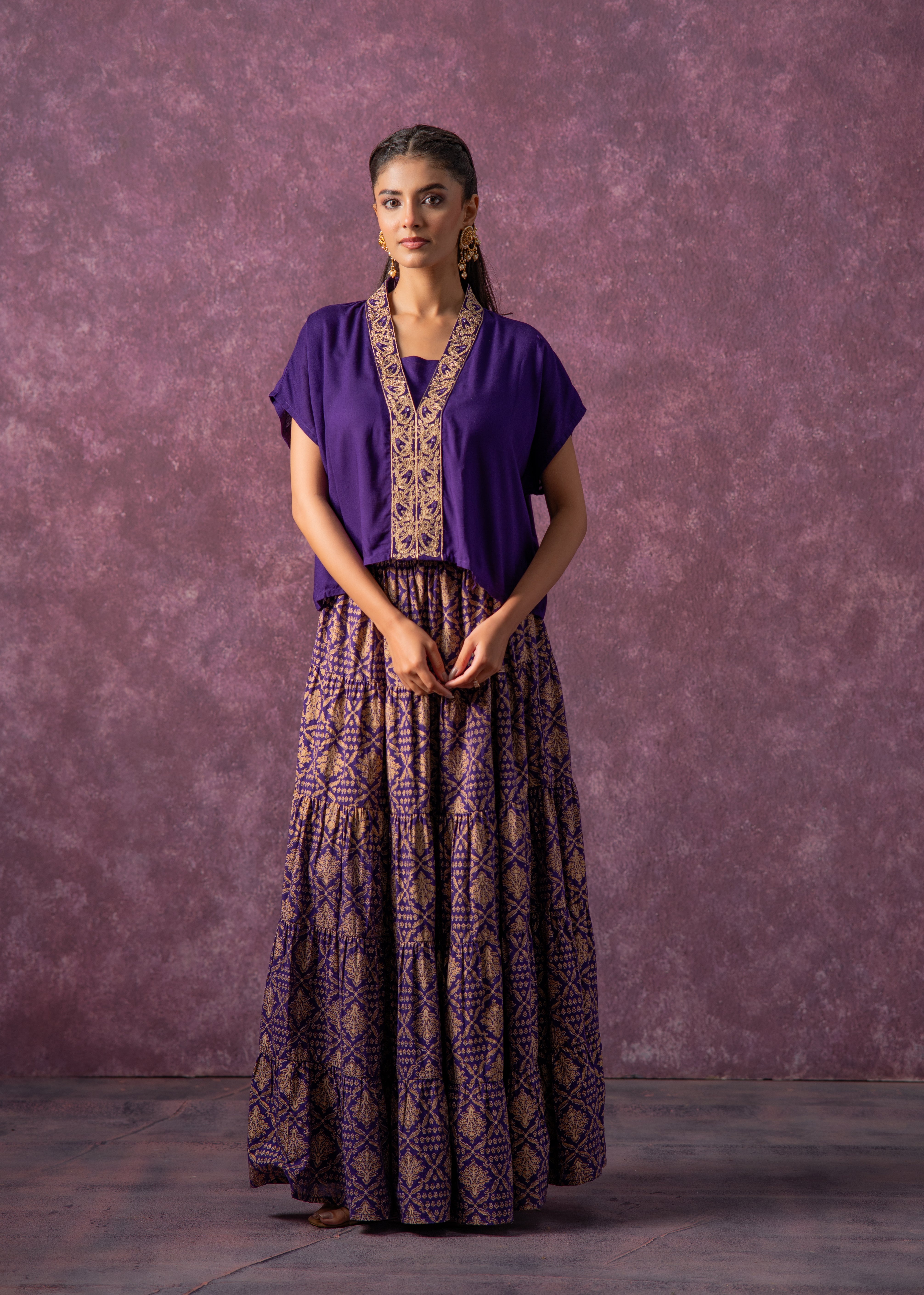 Purple Viscose Solid Top With Skirt Co-Ord Set With Mirror & Sequence Work
