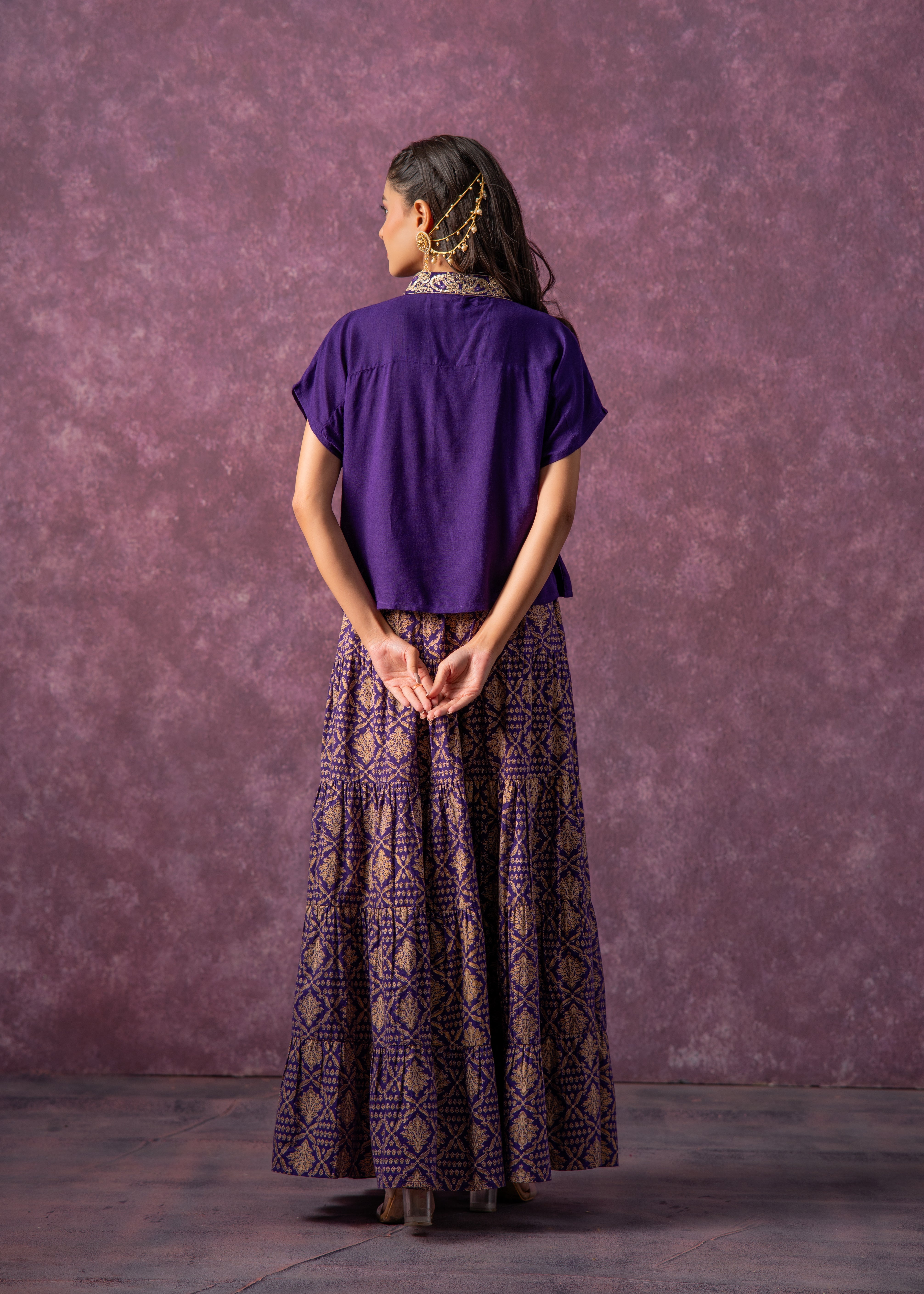 Purple Viscose Solid Top With Skirt Co-Ord Set With Mirror & Sequence Work