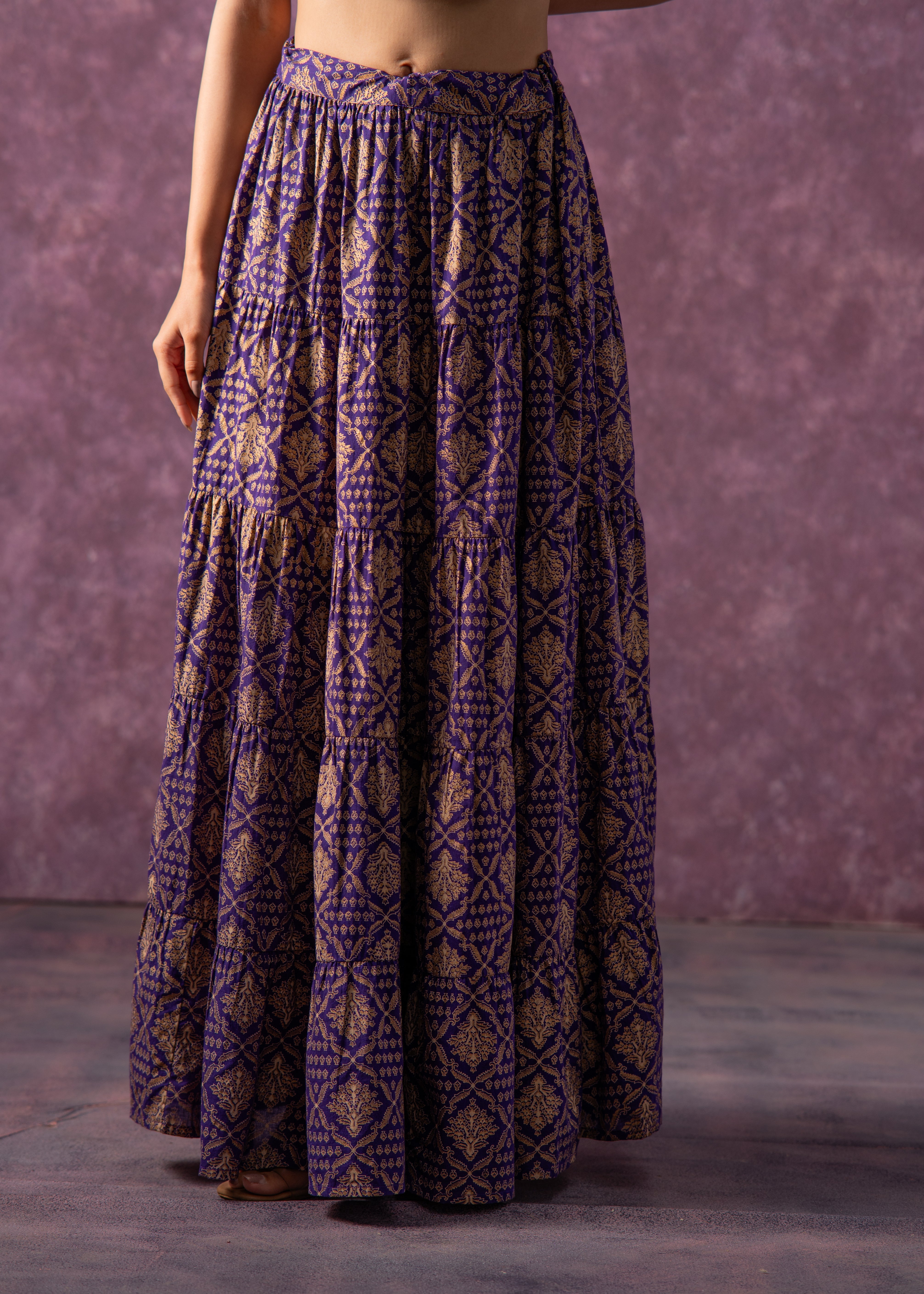 Purple Viscose Solid Top With Skirt Co-Ord Set With Mirror & Sequence Work