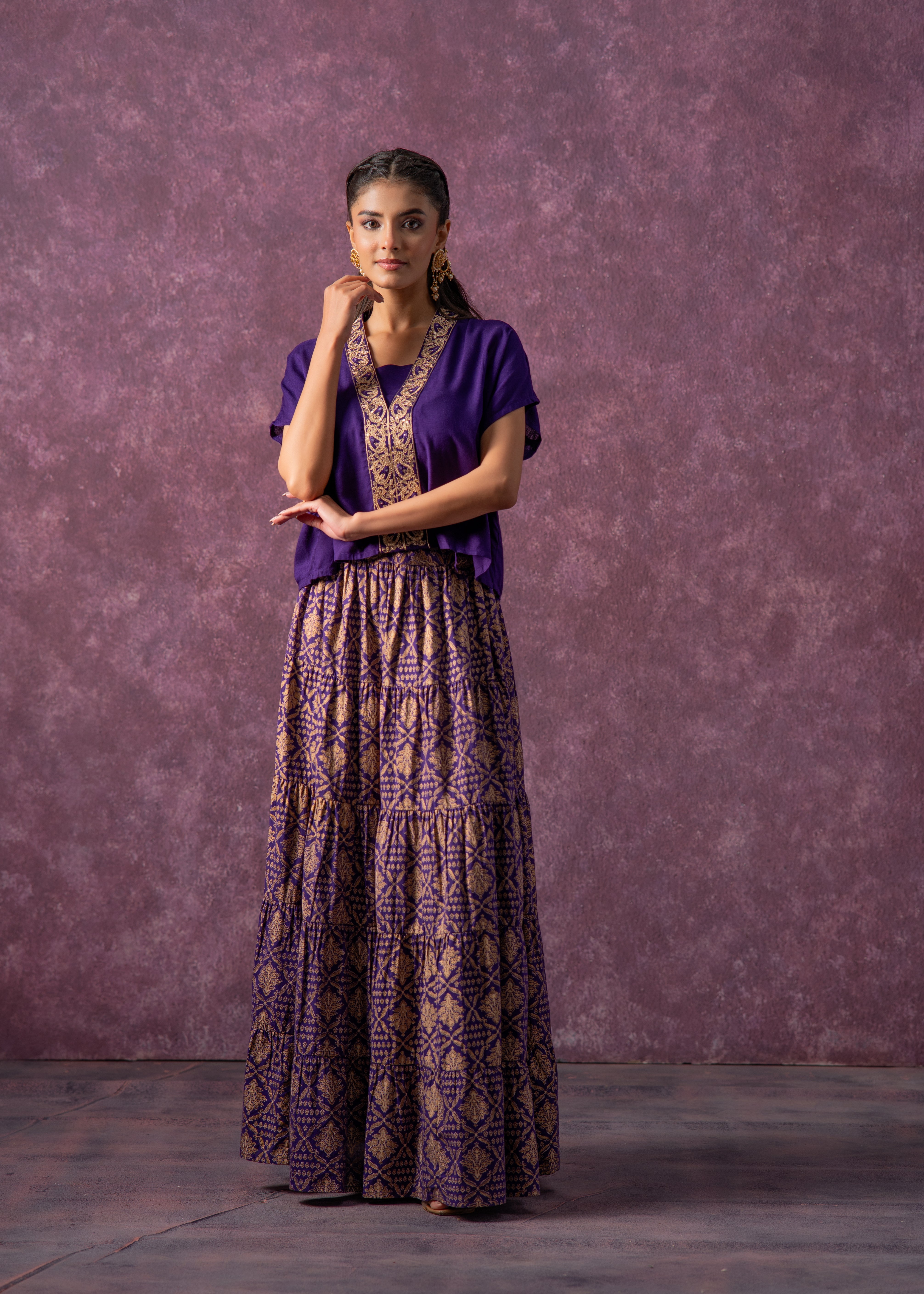 Purple Viscose Solid Top With Skirt Co-Ord Set With Mirror & Sequence Work