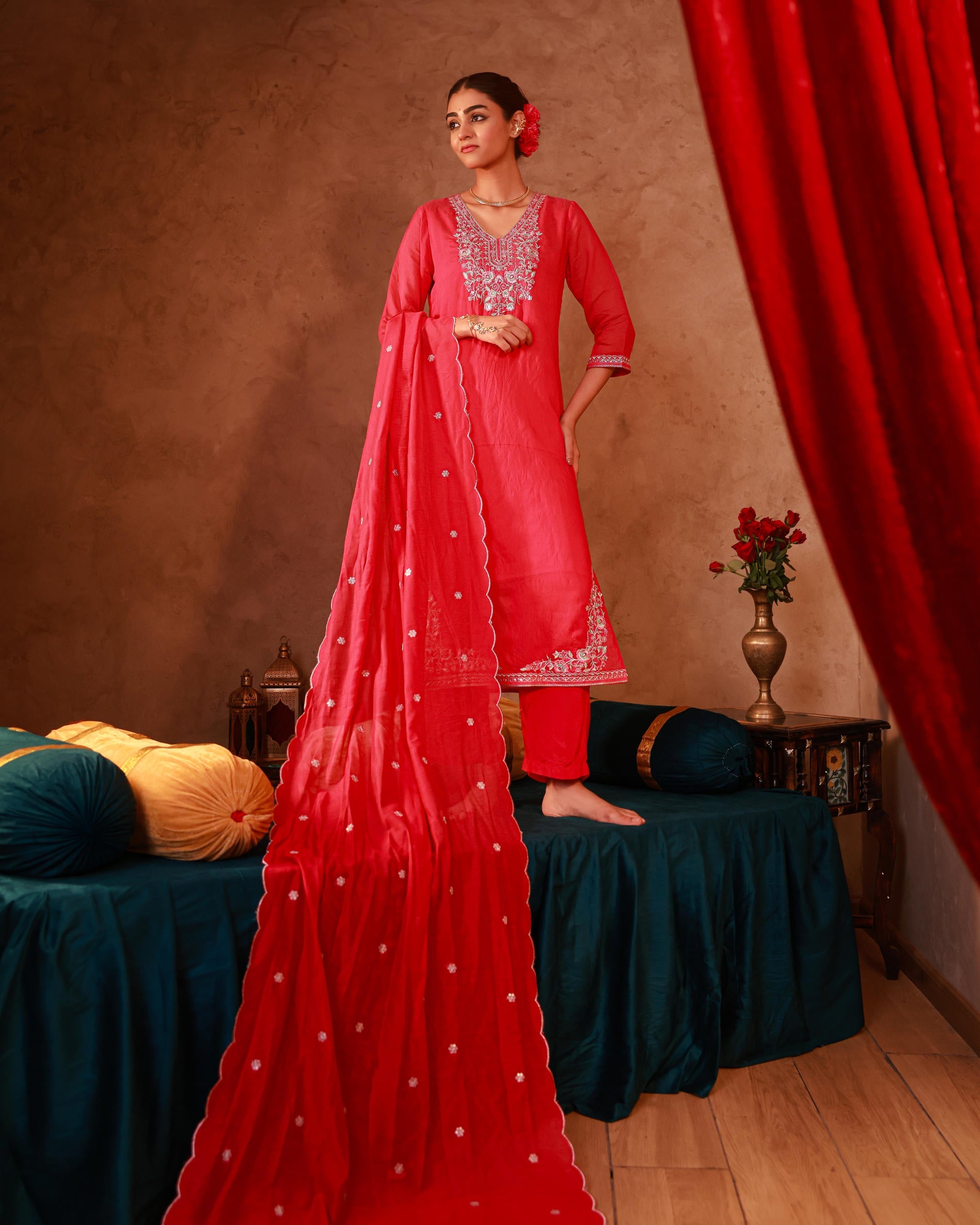Fuchsia Viscose Straight Kurta with Pants & Dupatta Set with Thread & Zari Work