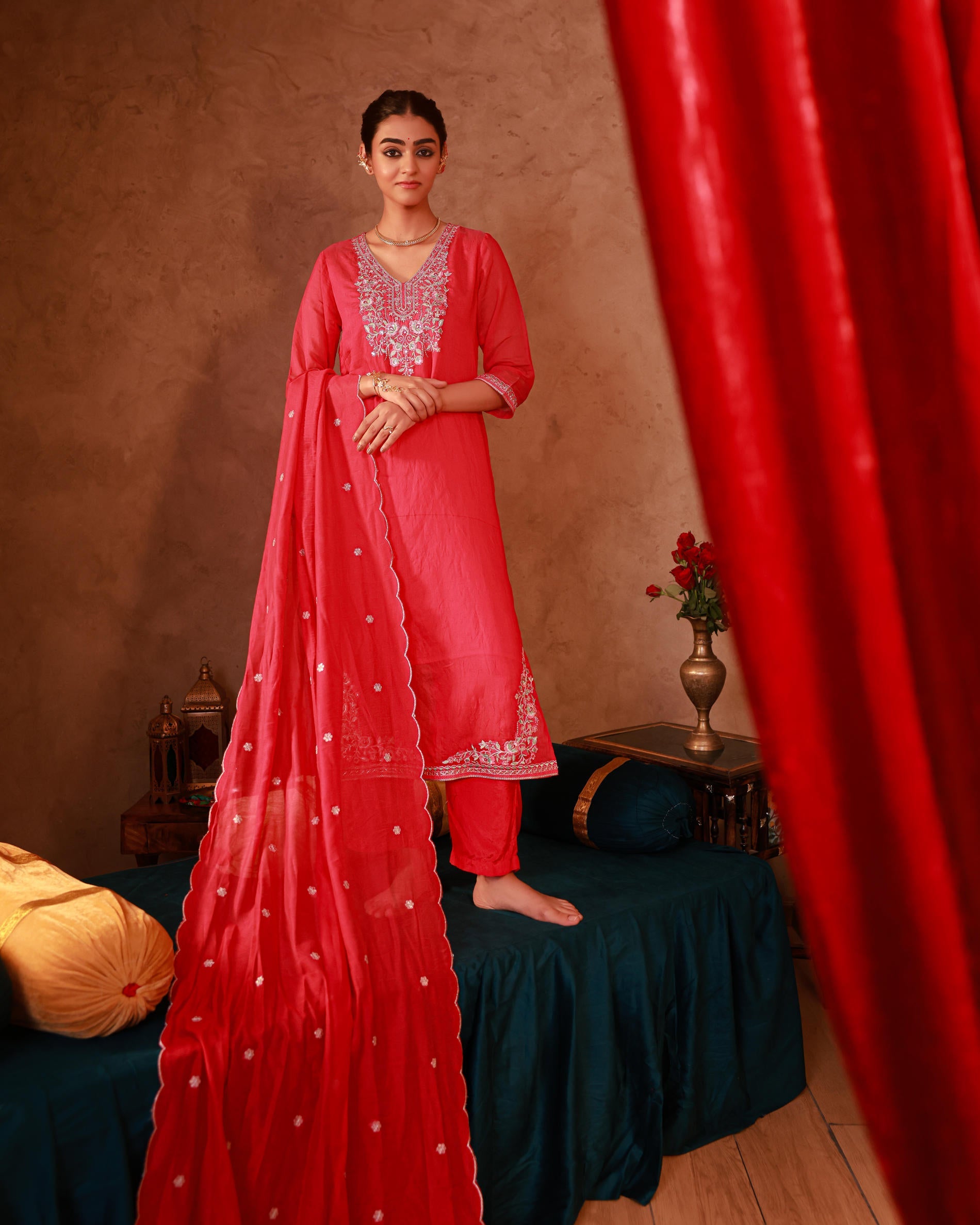Fuchsia Viscose Straight Kurta with Pants & Dupatta Set with Thread & Zari Work