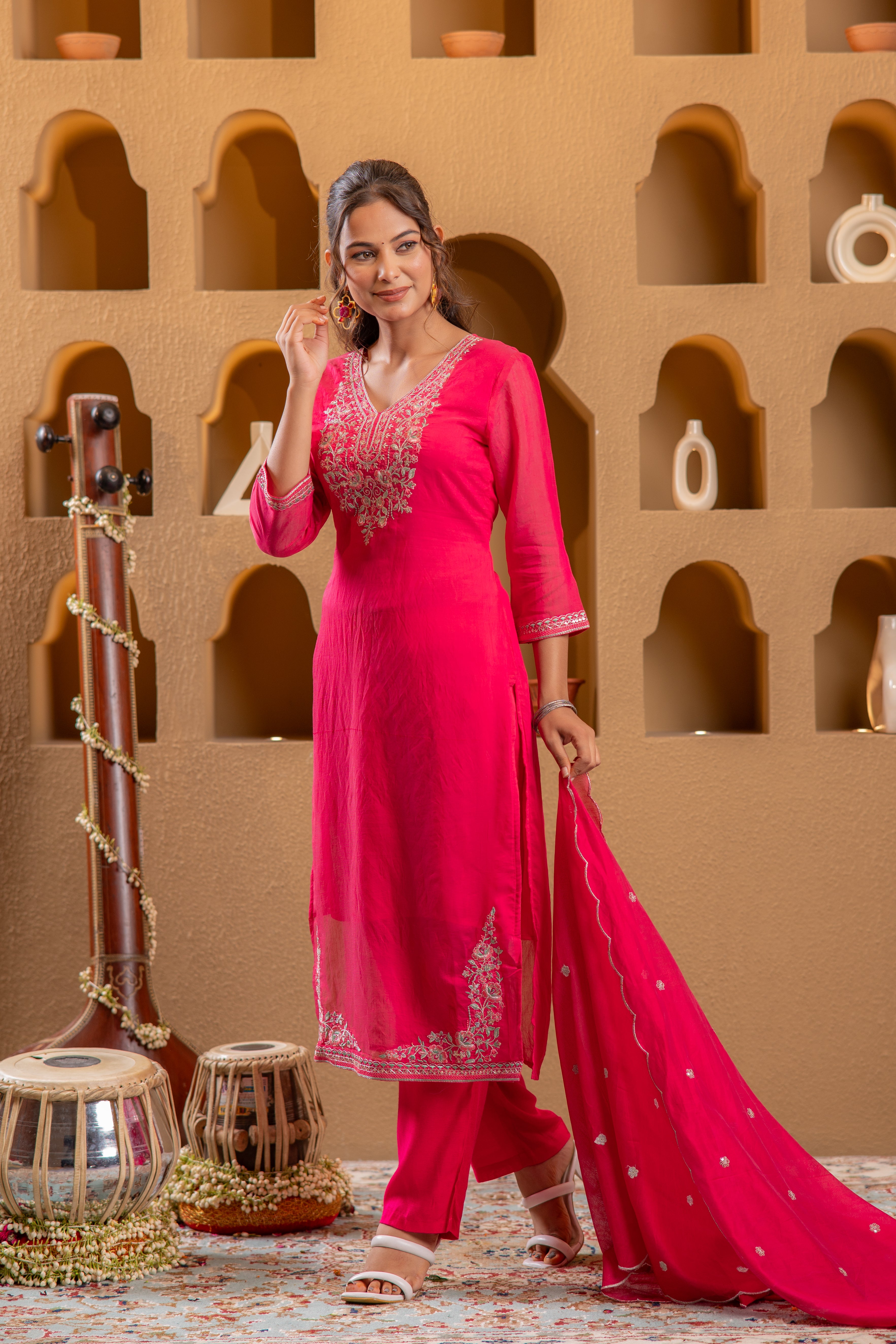 Fuchsia Viscose Straight Kurta with Pants & Dupatta Set with Thread & Zari Work
