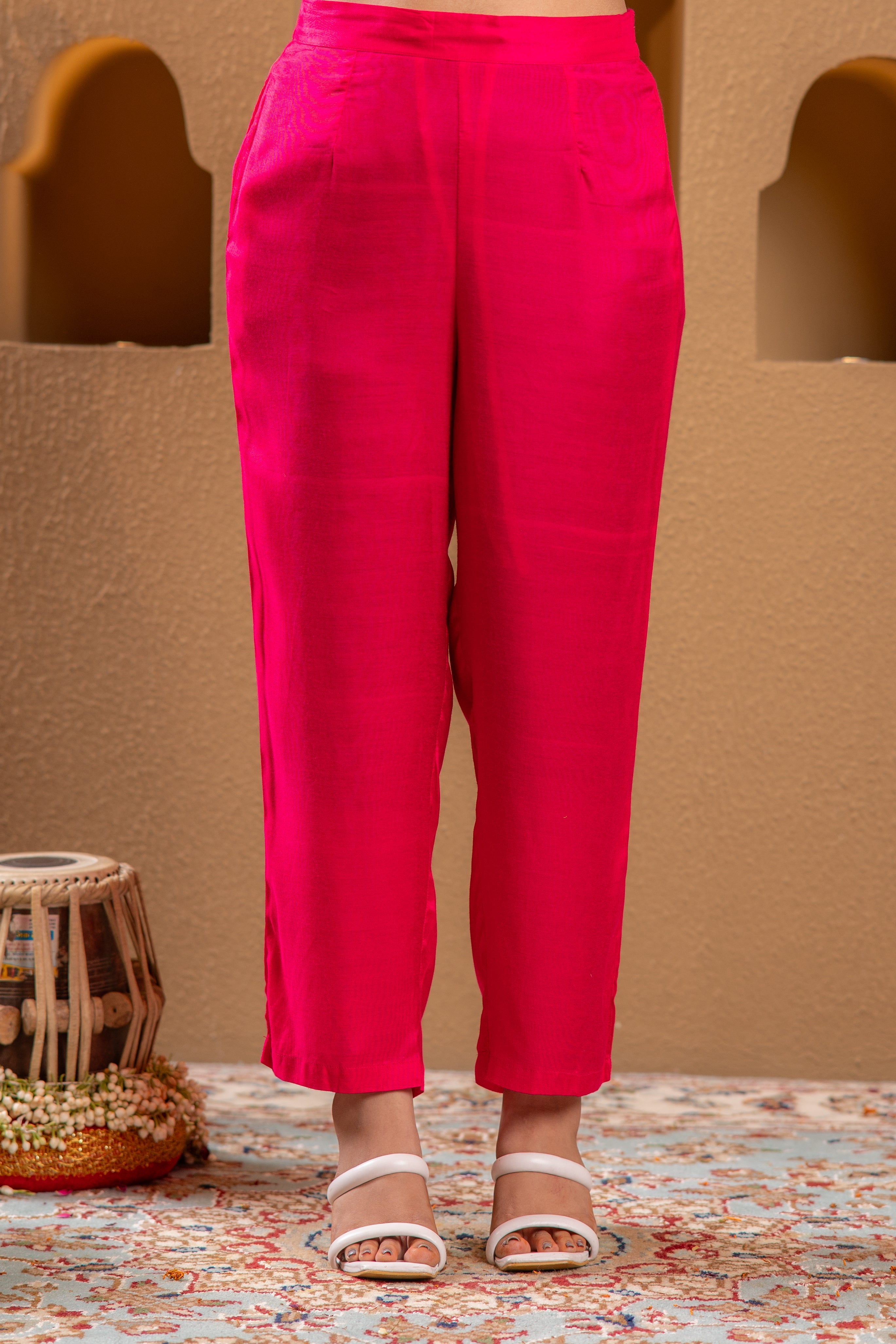Fuchsia Viscose Straight Kurta with Pants & Dupatta Set with Thread & Zari Work