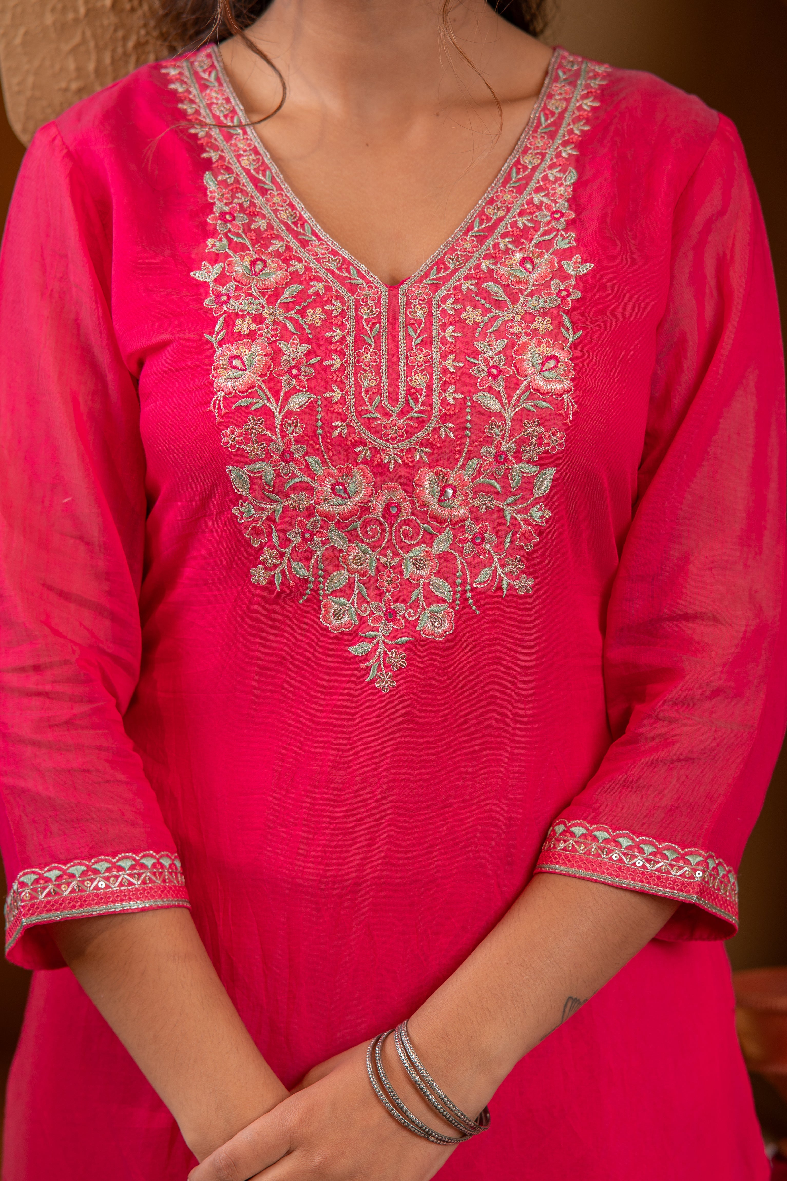 Fuchsia Viscose Straight Kurta with Pants & Dupatta Set with Thread & Zari Work