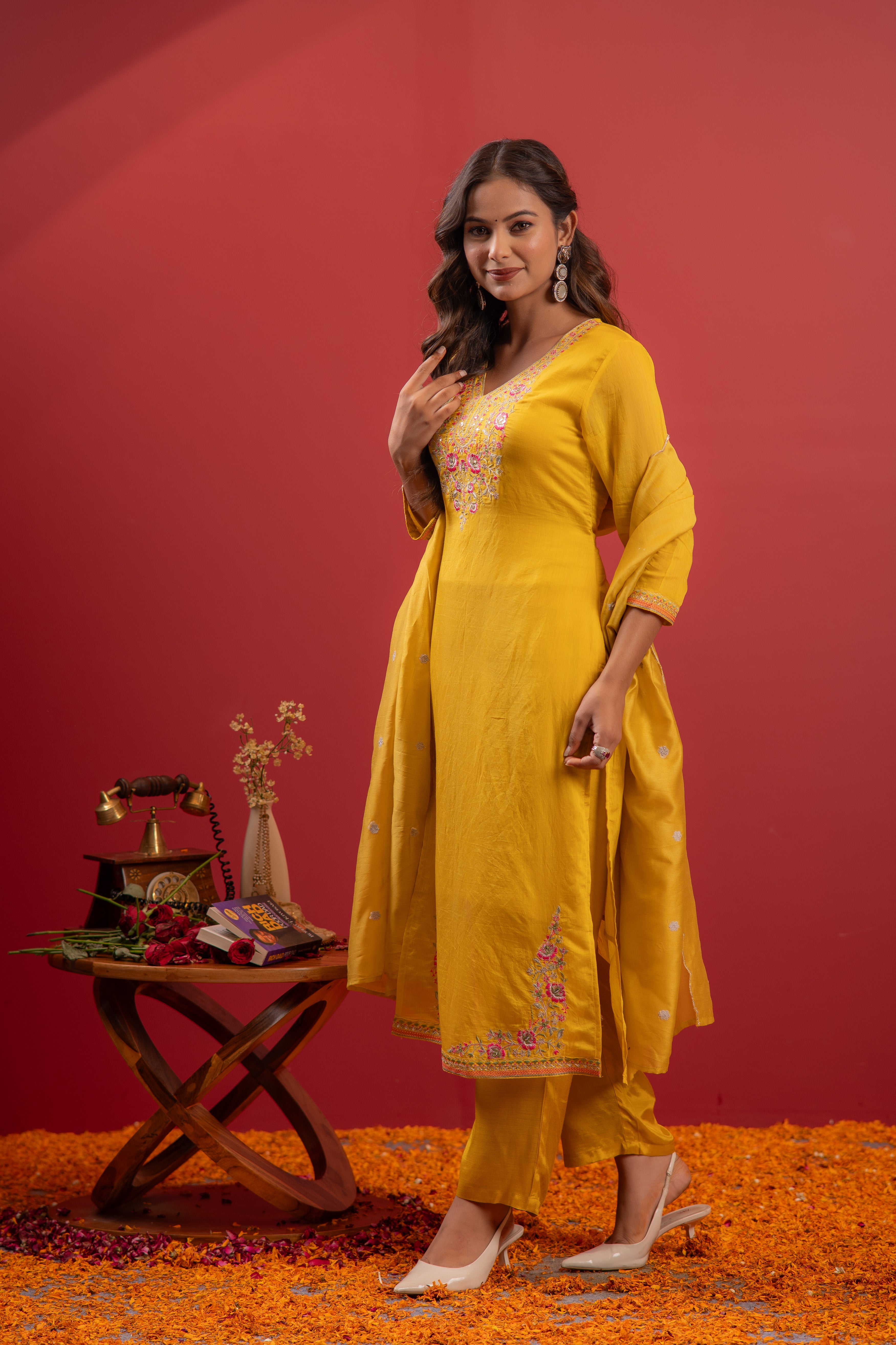 Mustard Viscose Kurta with Pants & Dupatta Set with Thread & Zari Work