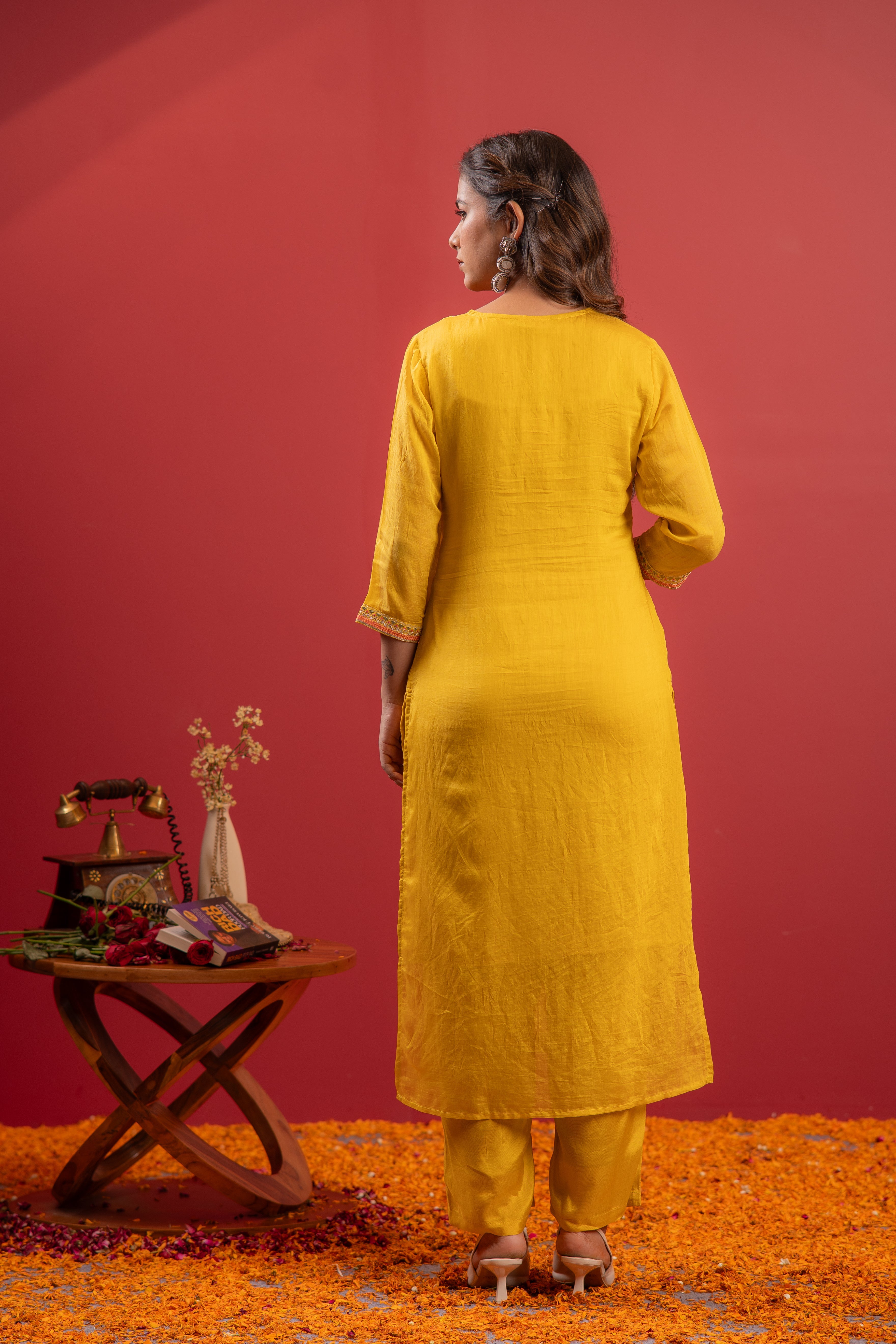 Mustard Viscose Kurta with Pants & Dupatta Set with Thread & Zari Work