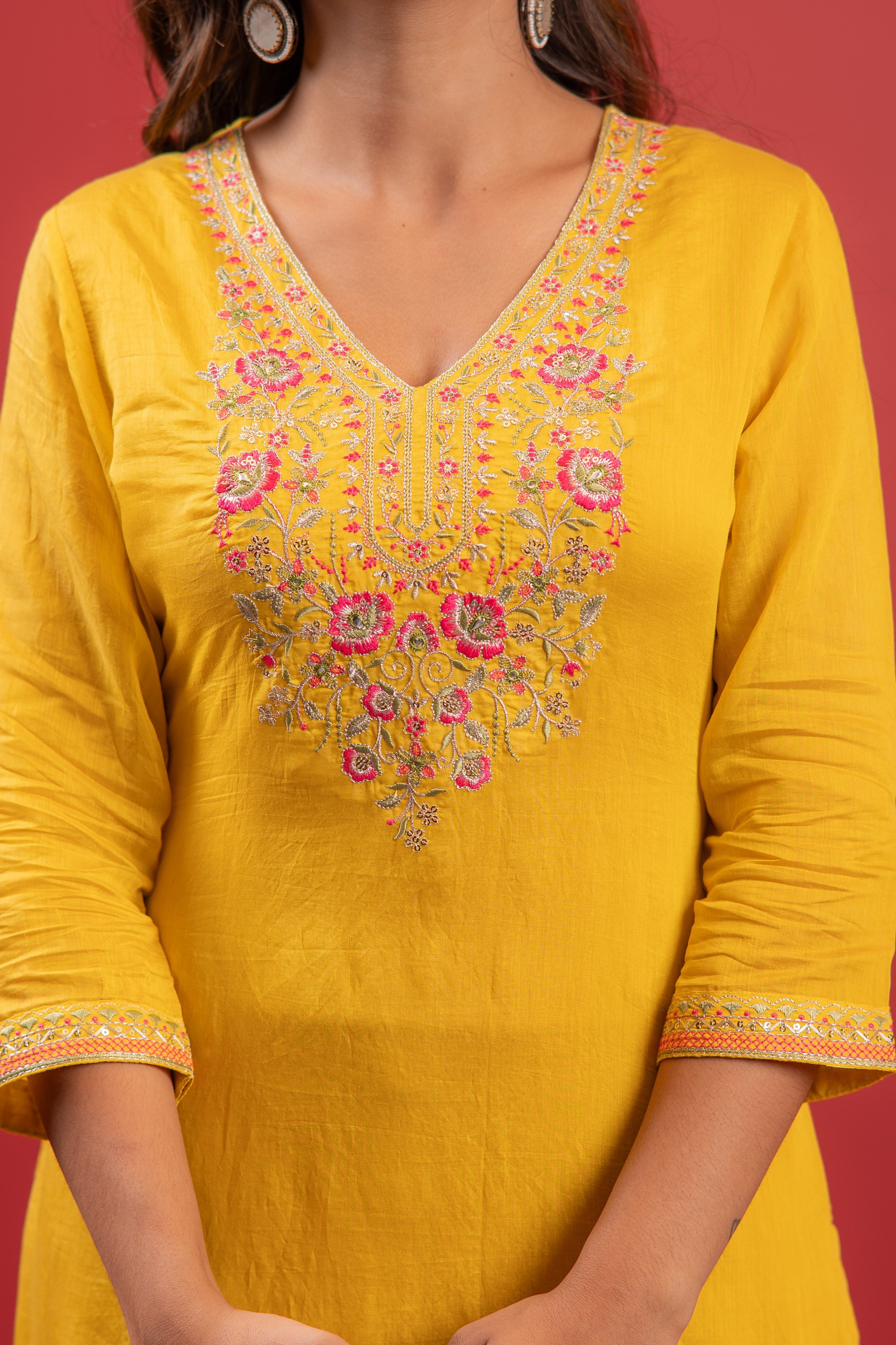 Mustard Viscose Kurta with Pants & Dupatta Set with Thread & Zari Work