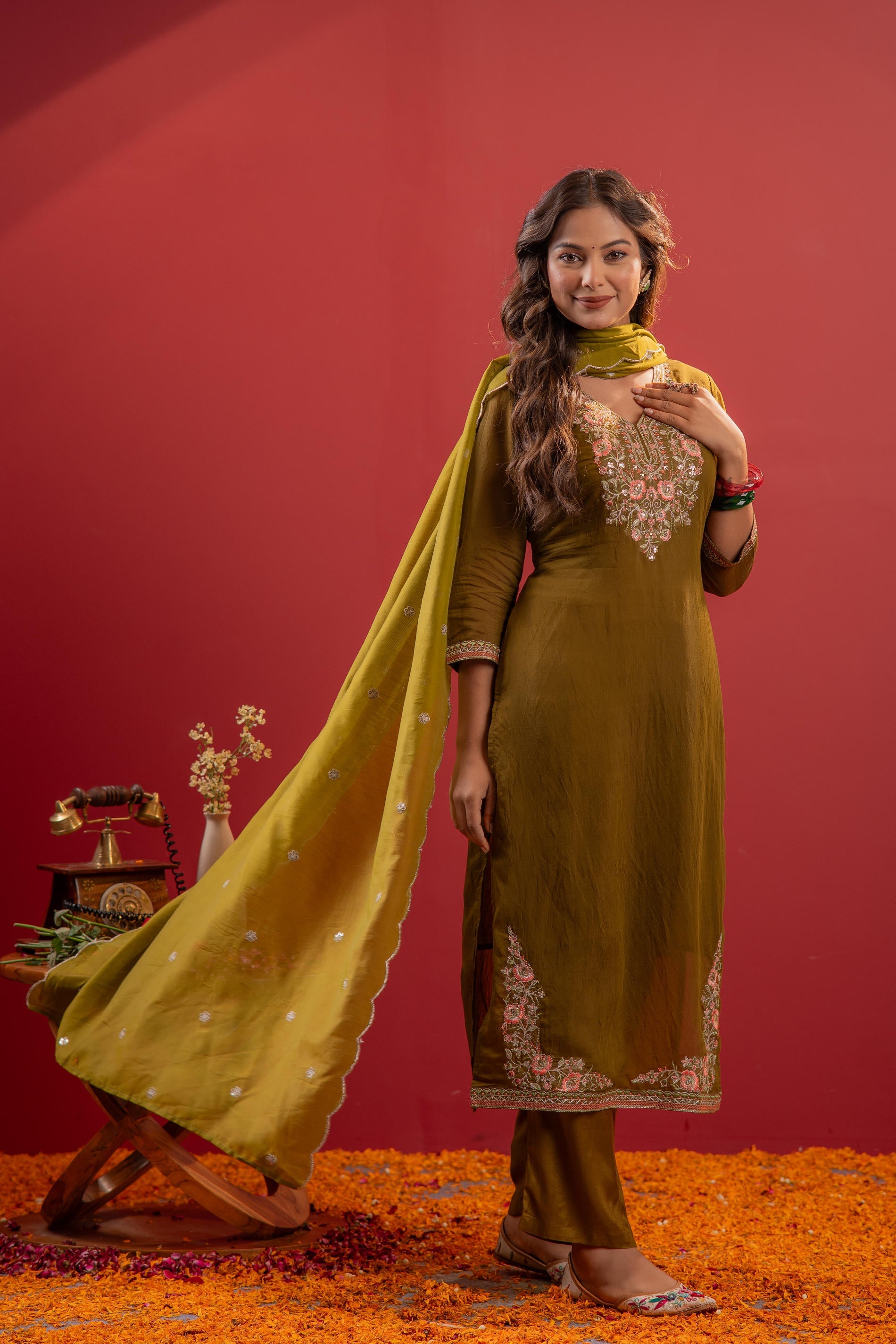 Festive Olive Green Floral Embroidered Kurta Set With Dupatta