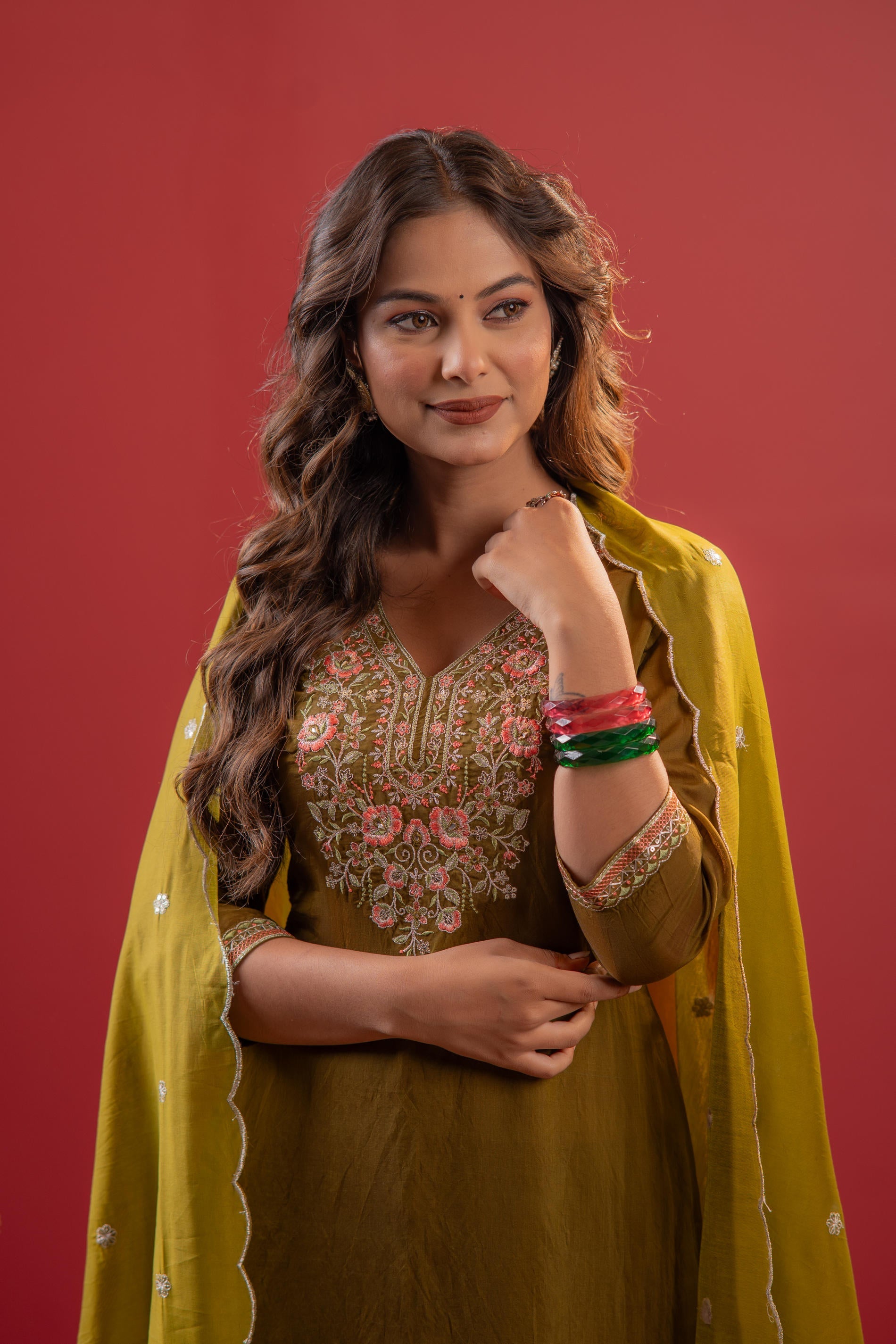 Festive Olive Green Floral Embroidered Kurta Set With Dupatta