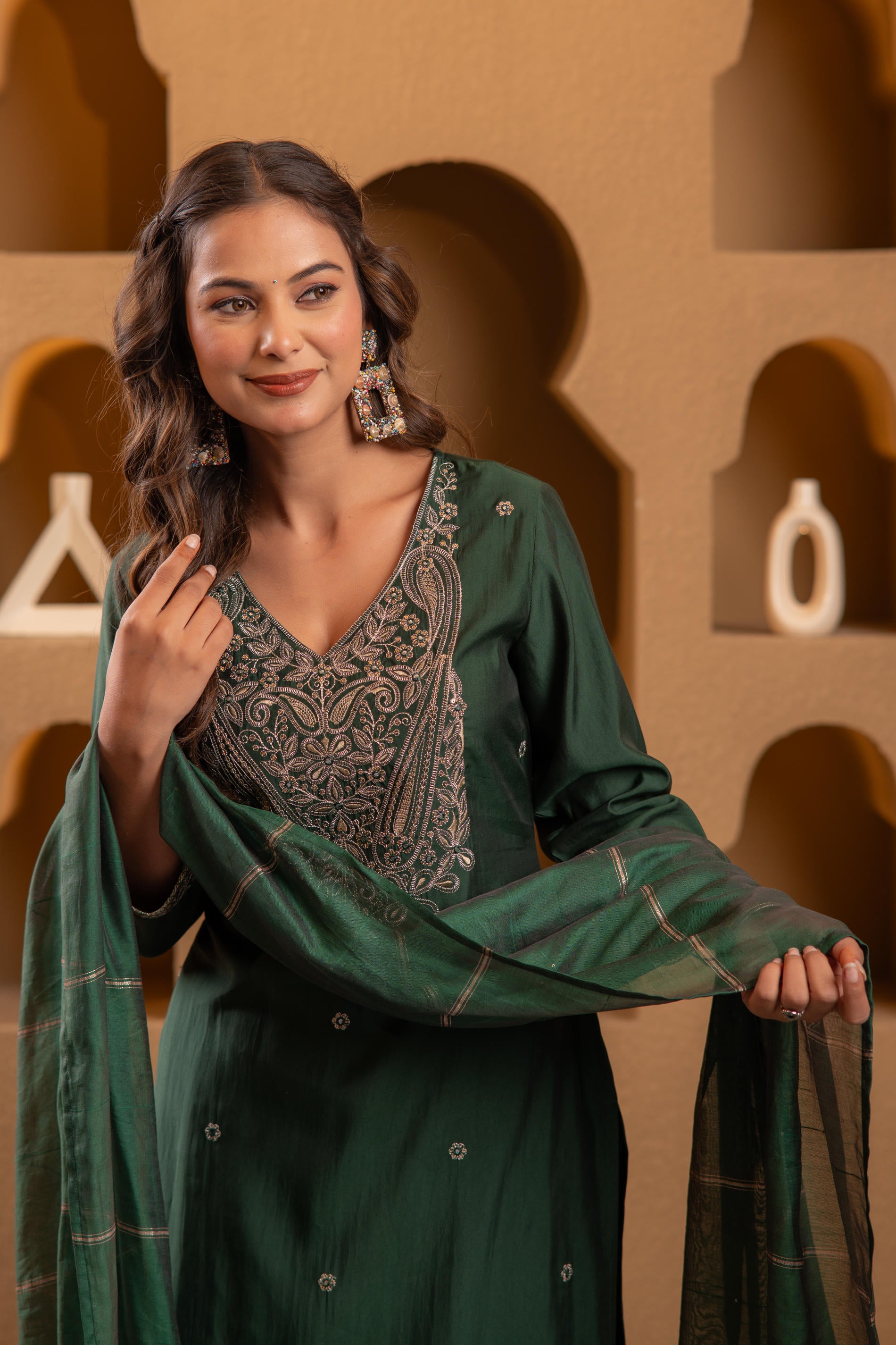 Bottle Green Viscose Straight Kurta with Pants & Dupatta Set with Zari & Sequence Work