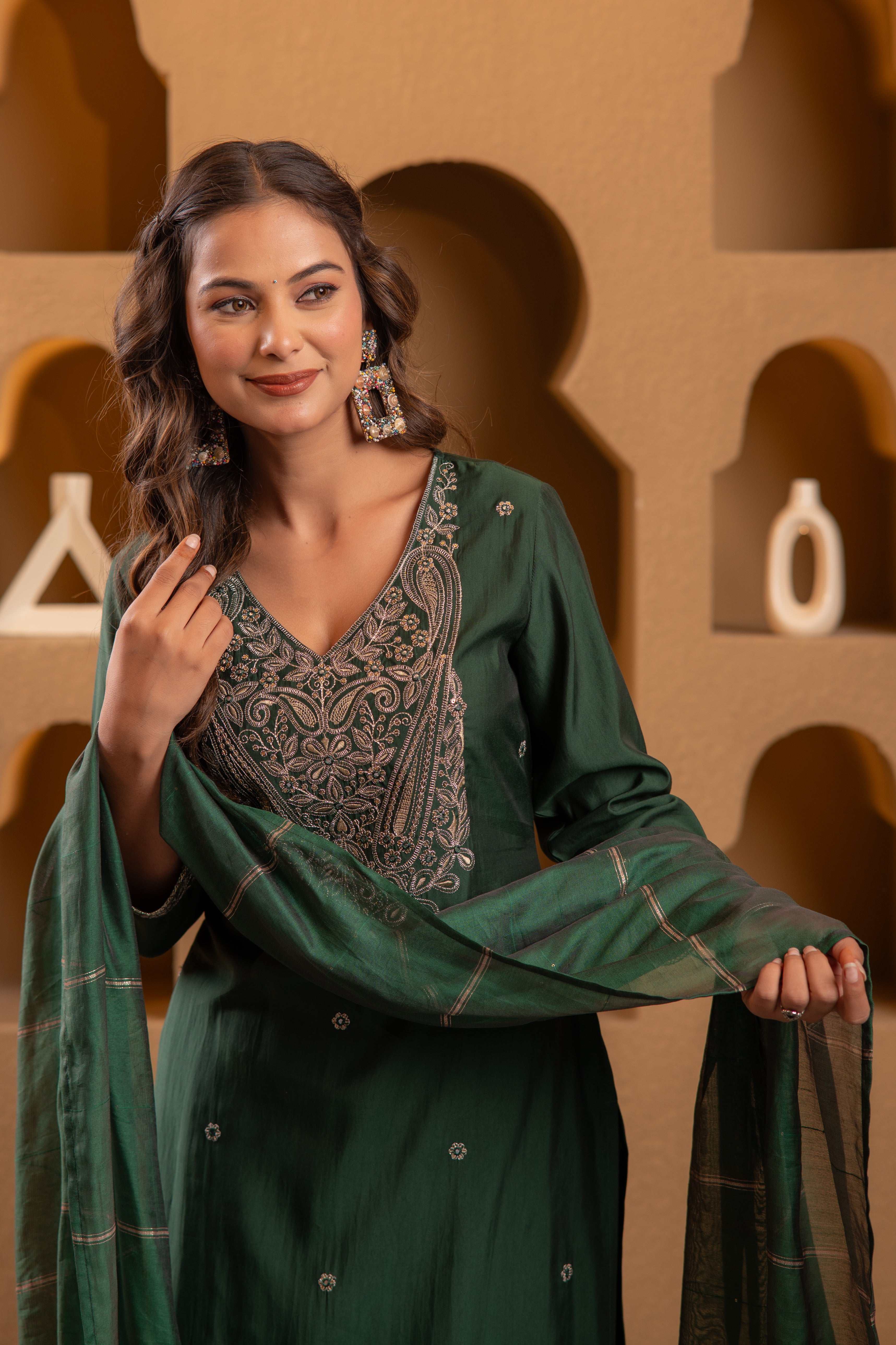 Bottle Green Embroidered Straight Kurta With Pant & Striped Dupatta