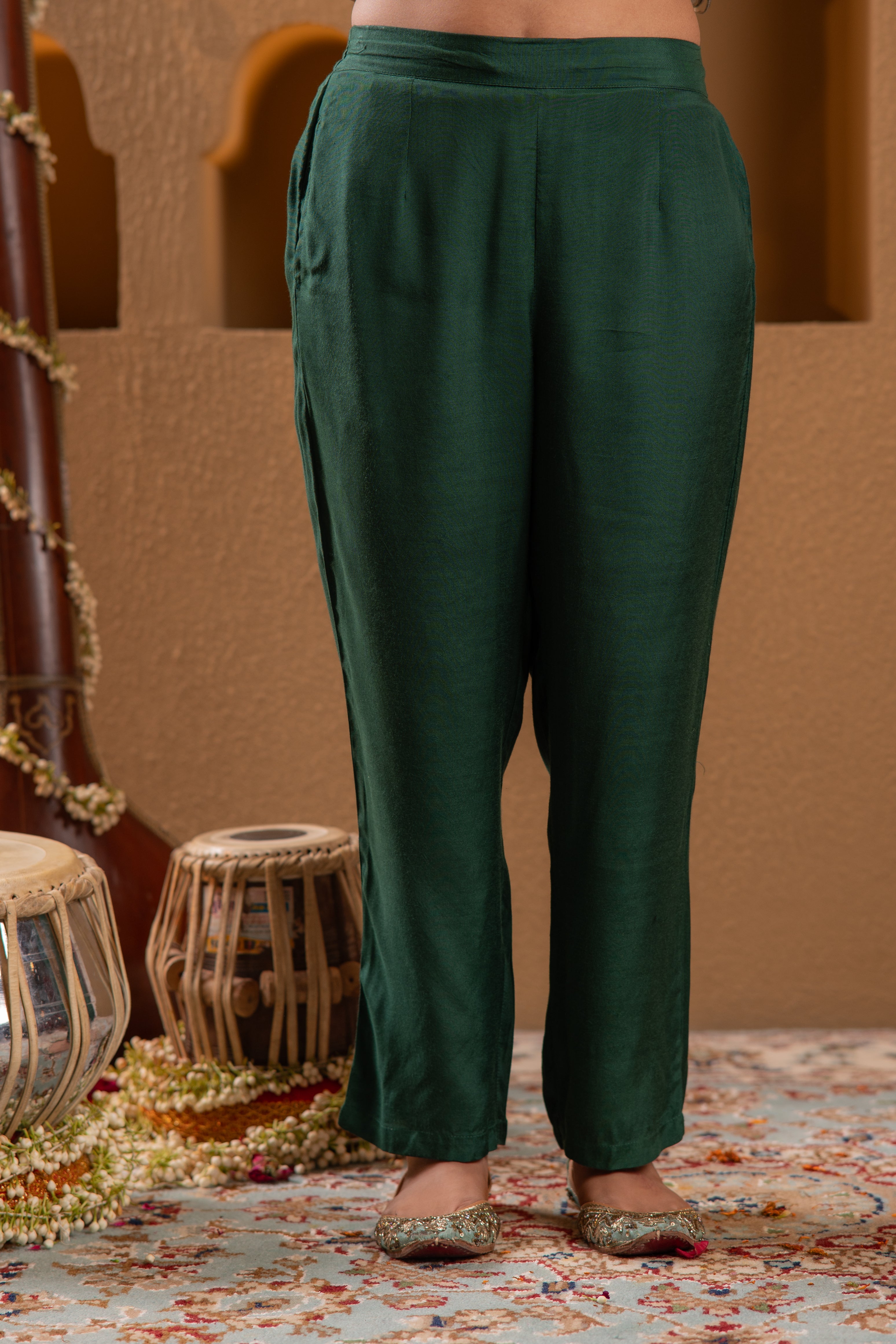 Bottle Green Viscose Straight Kurta with Pants & Dupatta Set with Zari & Sequence Work