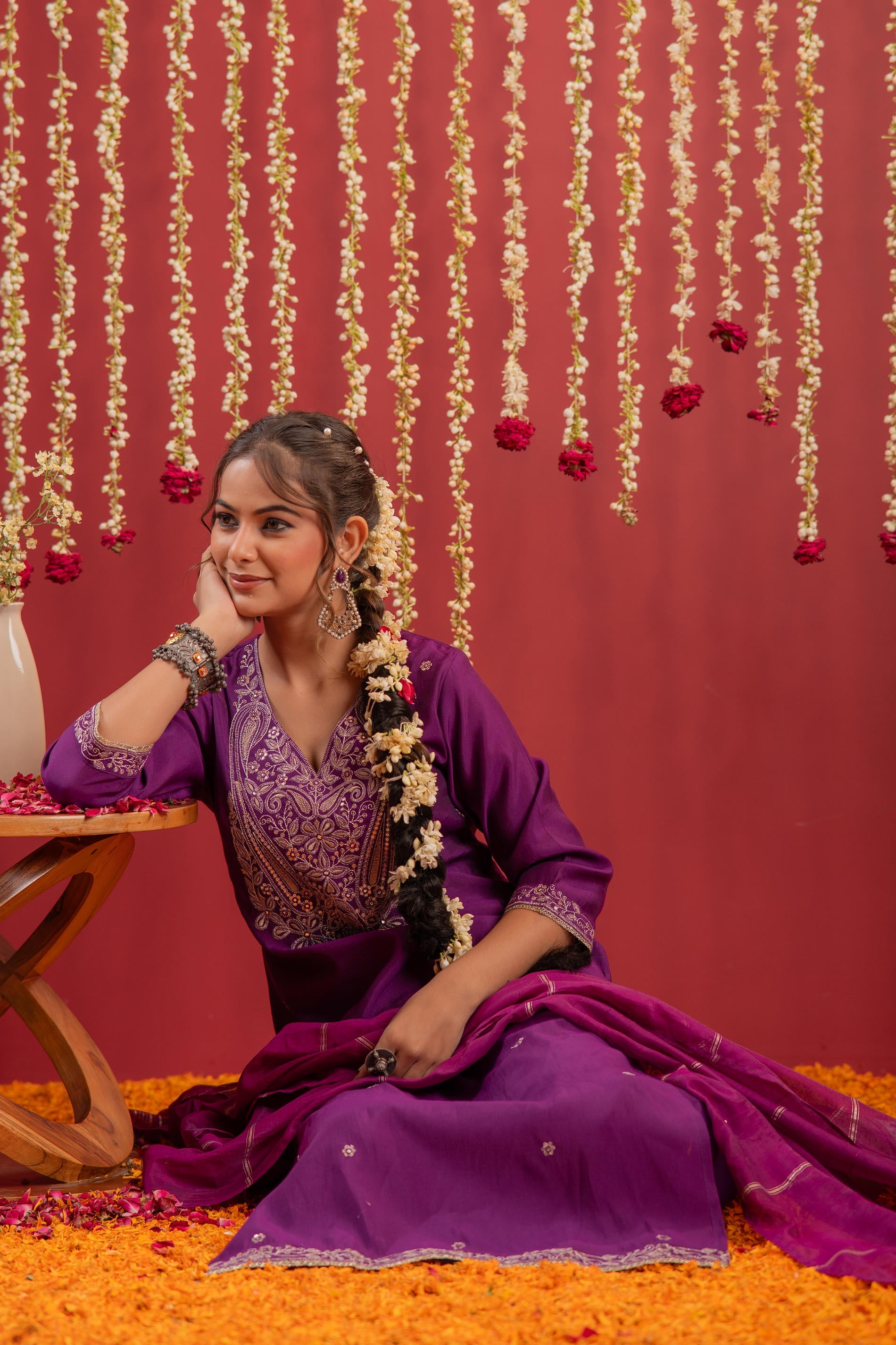 Purple Embroidered Straight Kurta With Pant & Striped Dupatta