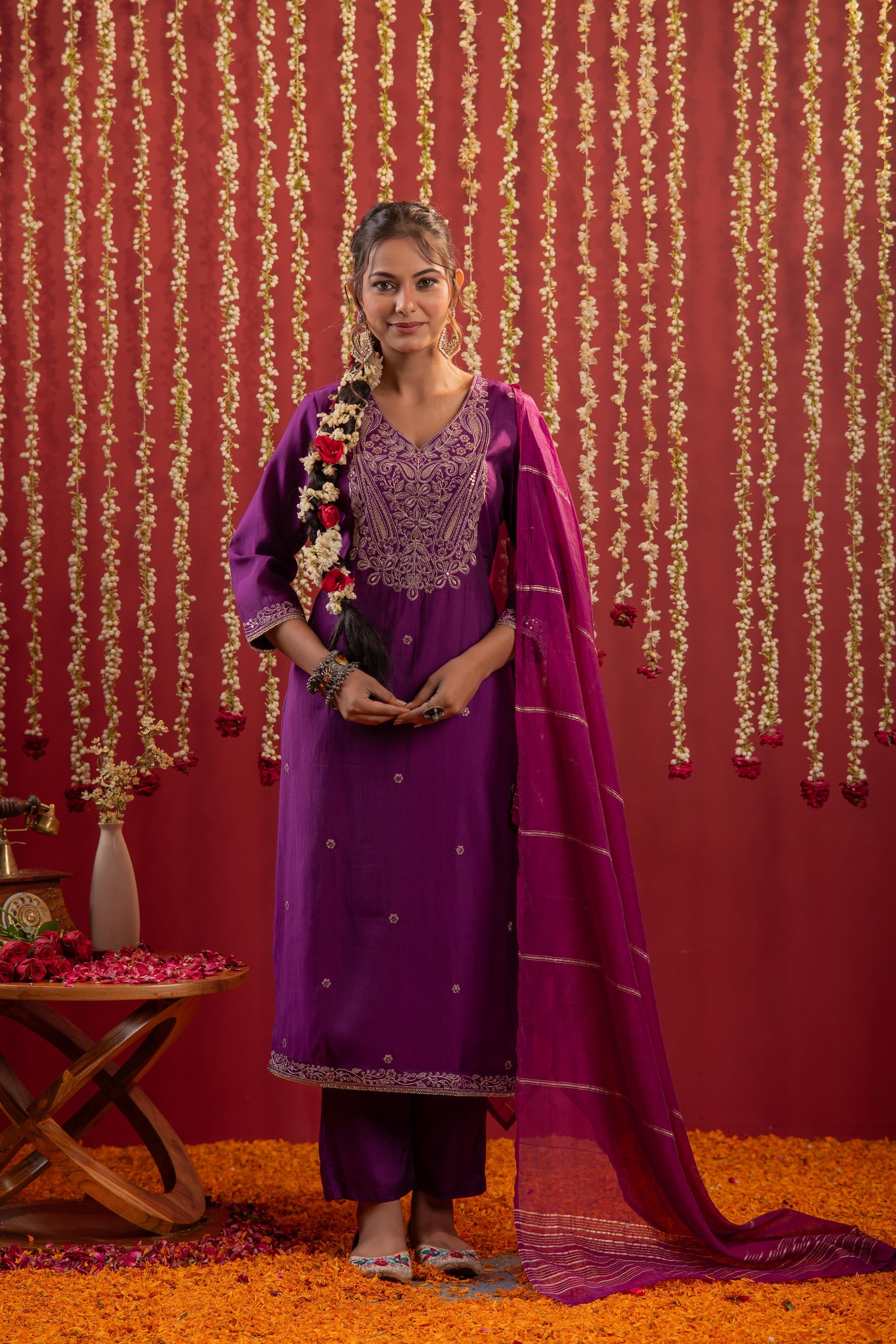 Purple Embroidered Straight Kurta With Pant & Striped Dupatta