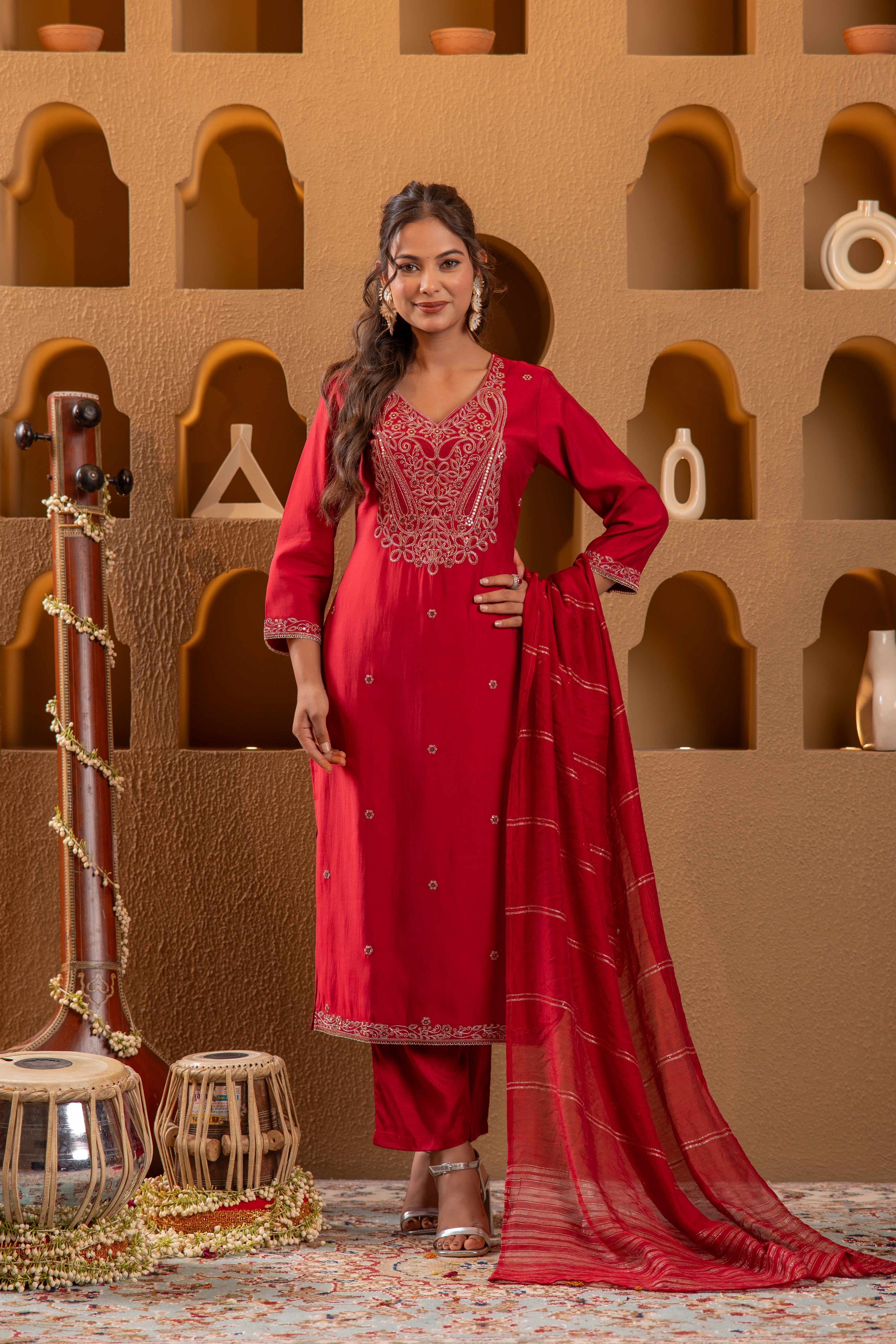 Red Embroidered Straight Kurta With Pant & Striped Dupatta