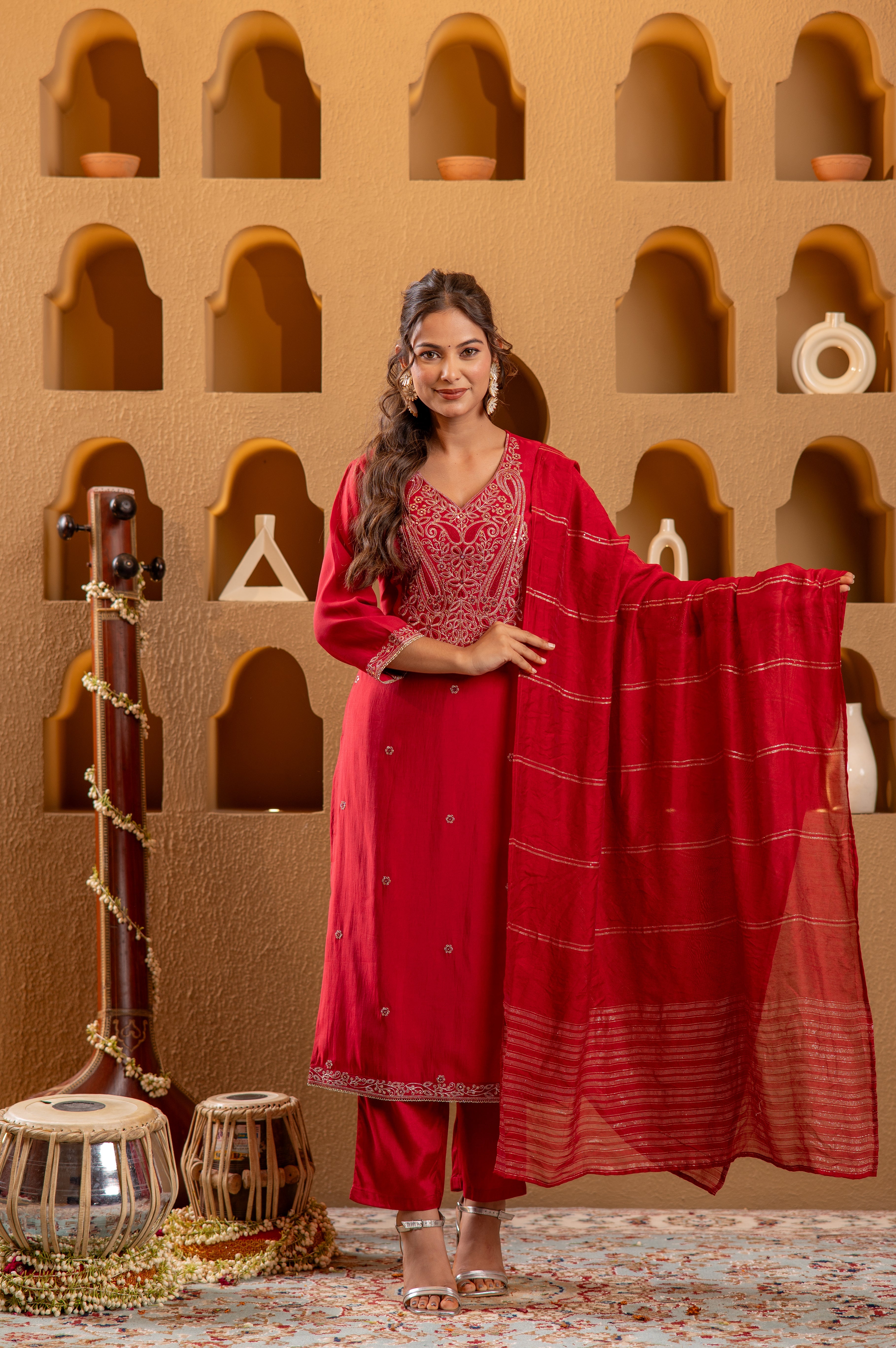 Red Viscose Straight Kurta with Pants & Dupatta Set with Zari & Sequence Work (Copy)