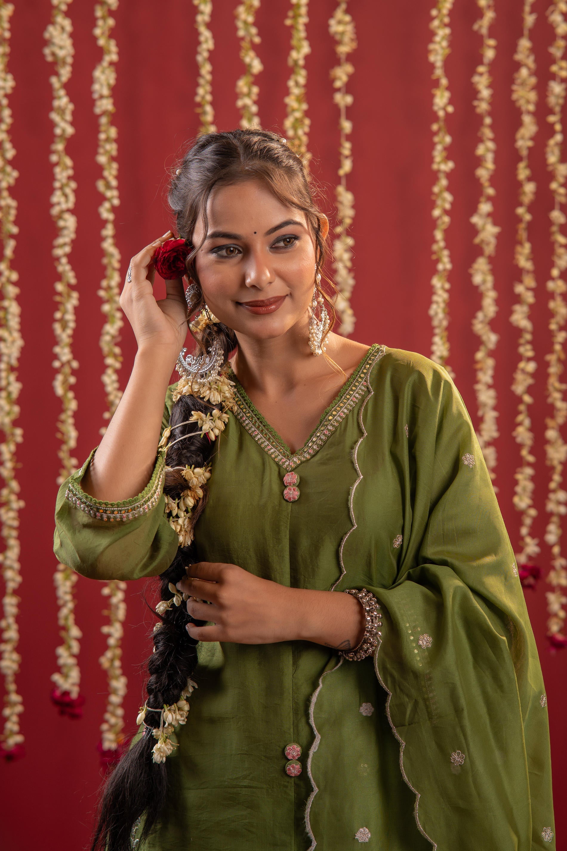 Mehndi Greenembroidered Kurta Set With Dupatta