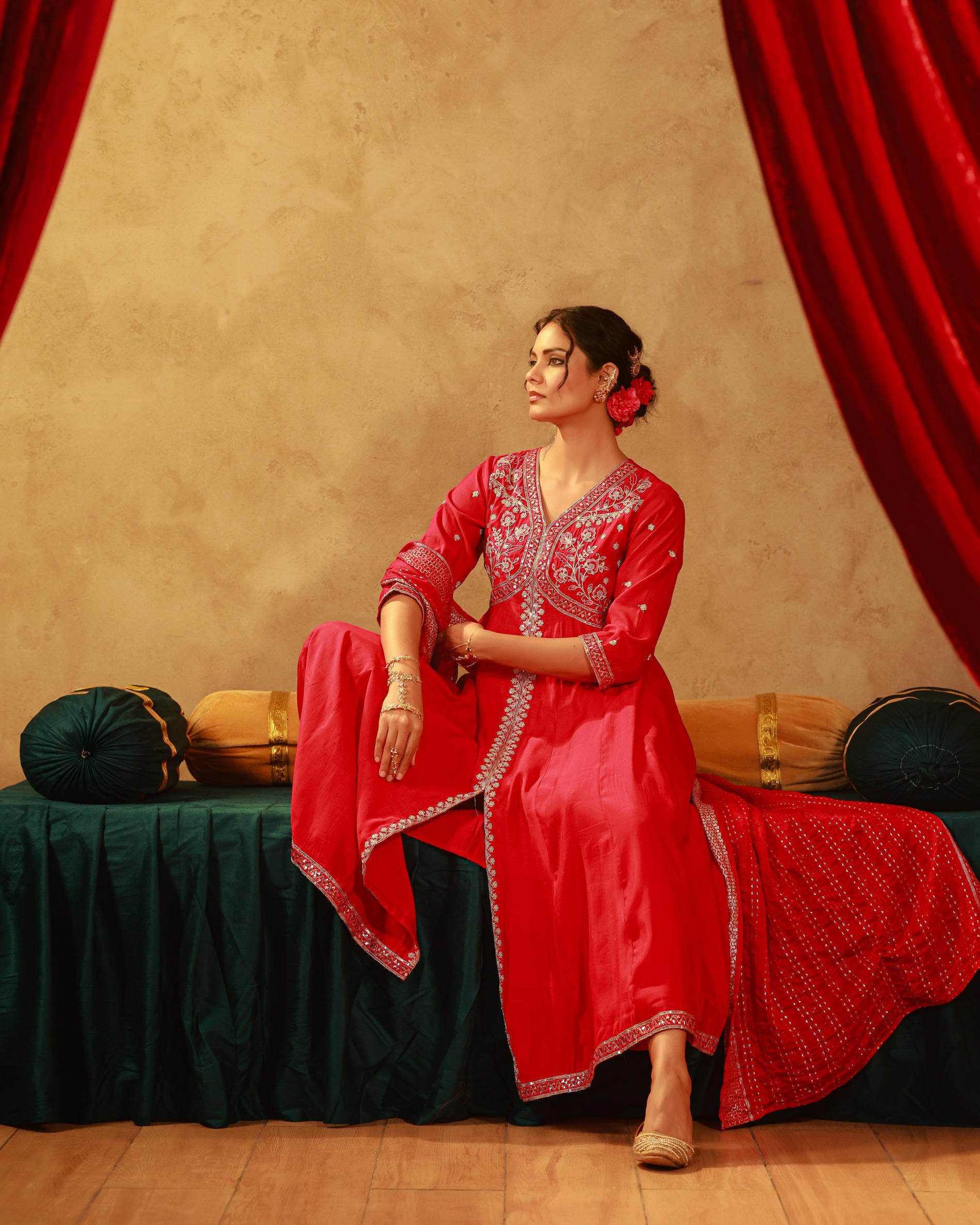 Magenta Viscose Solid Fit & Flared Kurta With Pants & Dupatta Set With Mirror, Thread, Dori & Sequence Work
