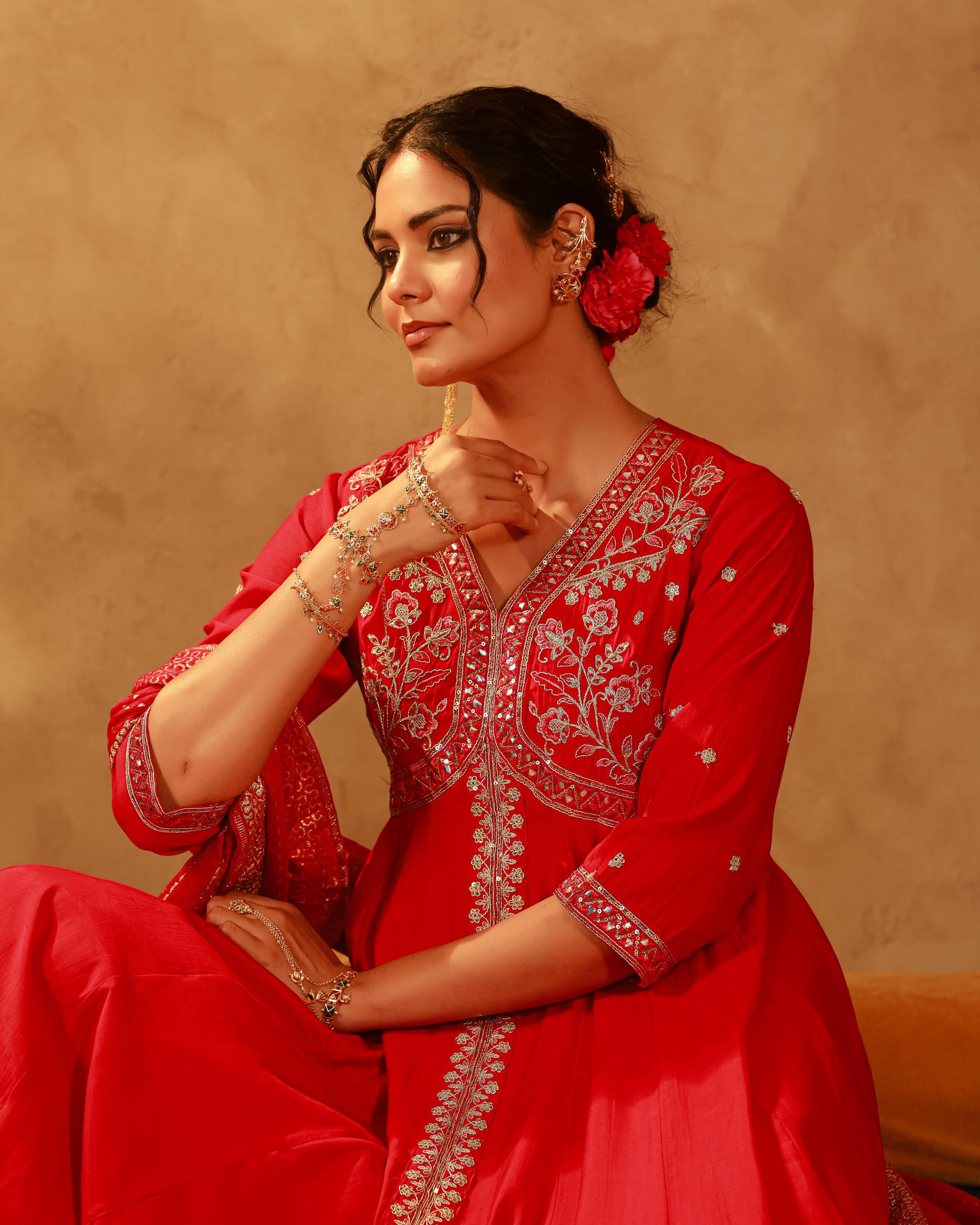 Magenta Viscose Solid Fit & Flared Kurta With Pants & Dupatta Set With Mirror, Thread, Dori & Sequence Work