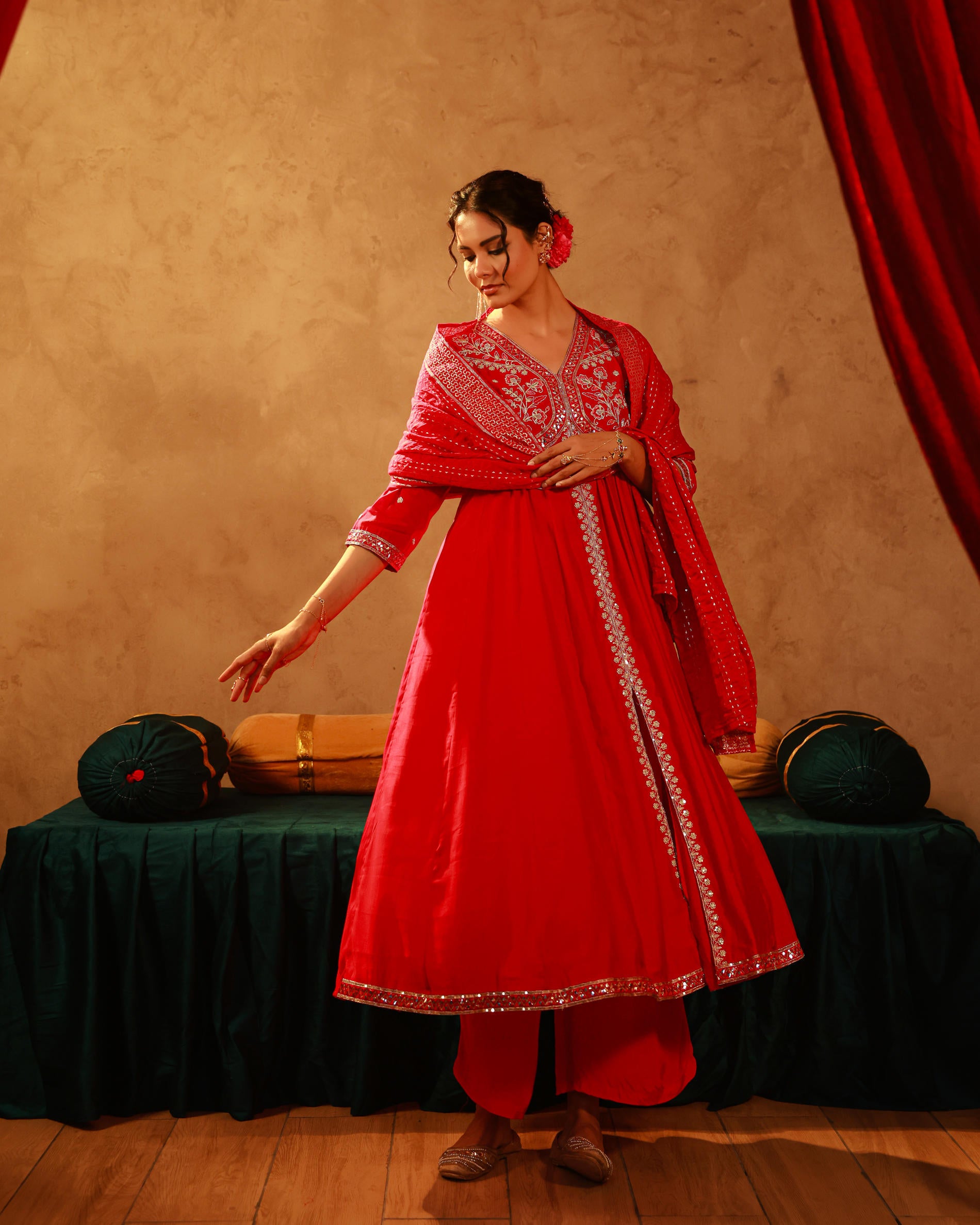 Magenta Viscose Solid Fit & Flared Kurta With Pants & Dupatta Set With Mirror, Thread, Dori & Sequence Work