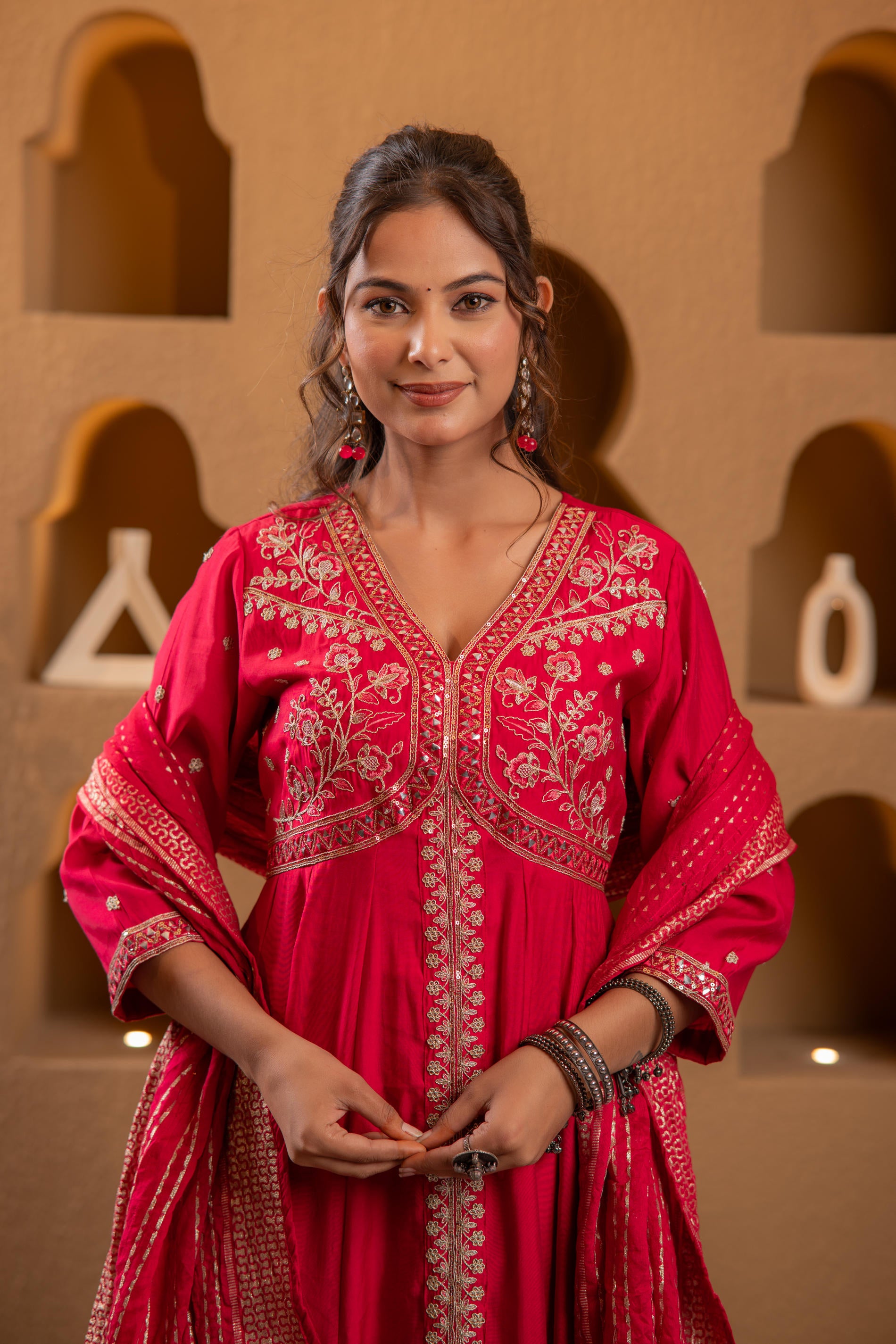 Magenta Viscose Solid Fit & Flared Kurta With Pants & Dupatta Set With Mirror, Thread, Dori & Sequence Work