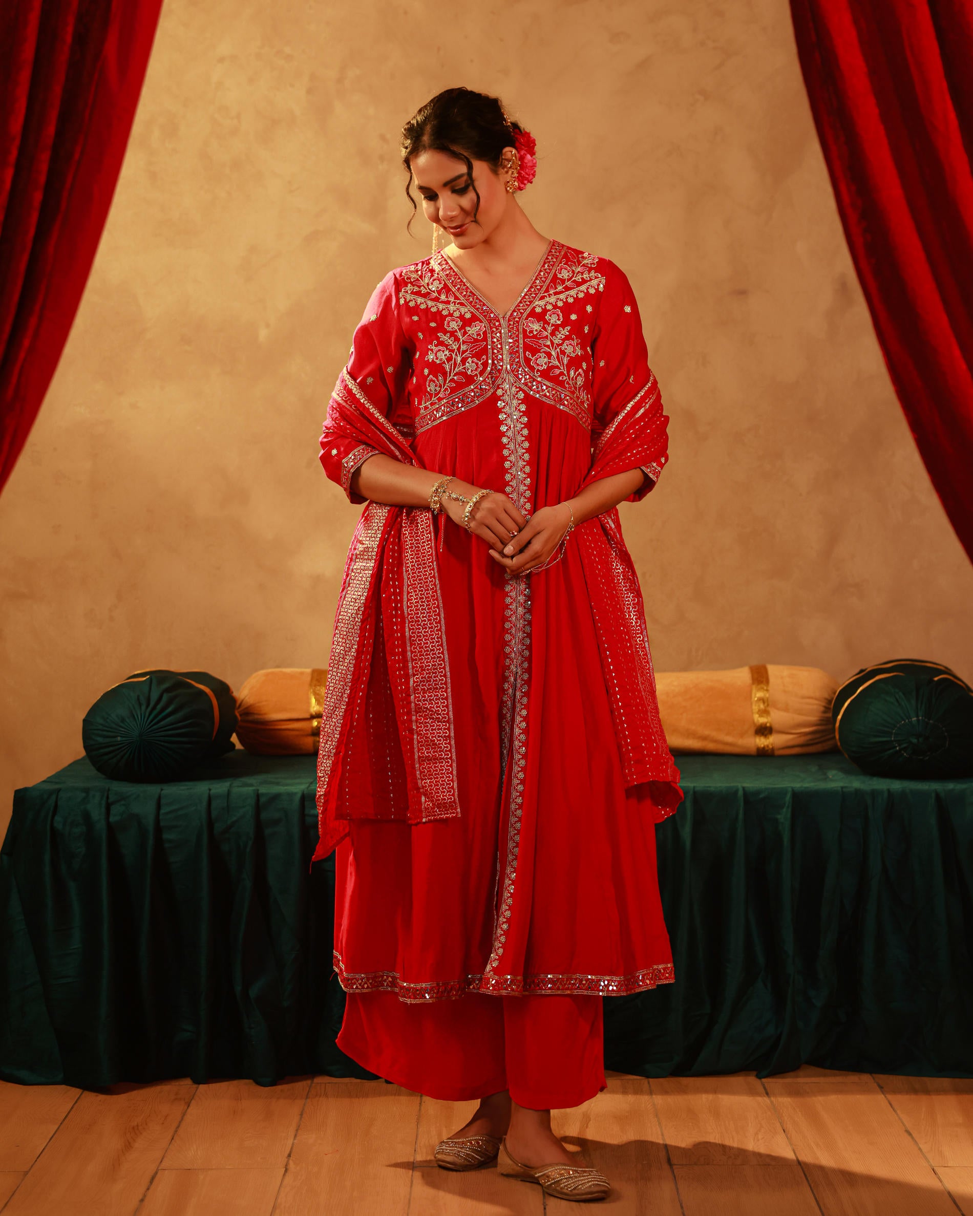 Magenta Viscose Solid Fit & Flared Kurta With Pants & Dupatta Set With Mirror, Thread, Dori & Sequence Work