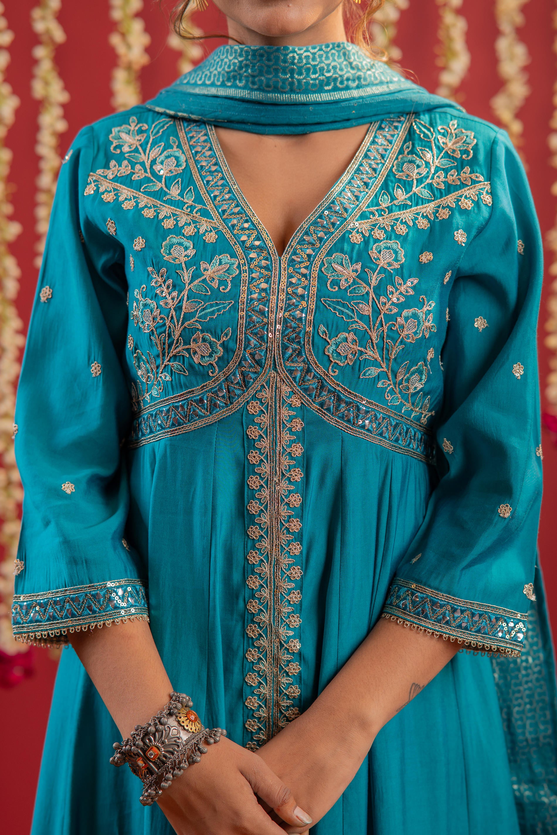 Rama Green Viscose Solid Fit & Flared Kurta With Pants & Dupatta Set With Mirror, Thread, Dori & Sequence Work