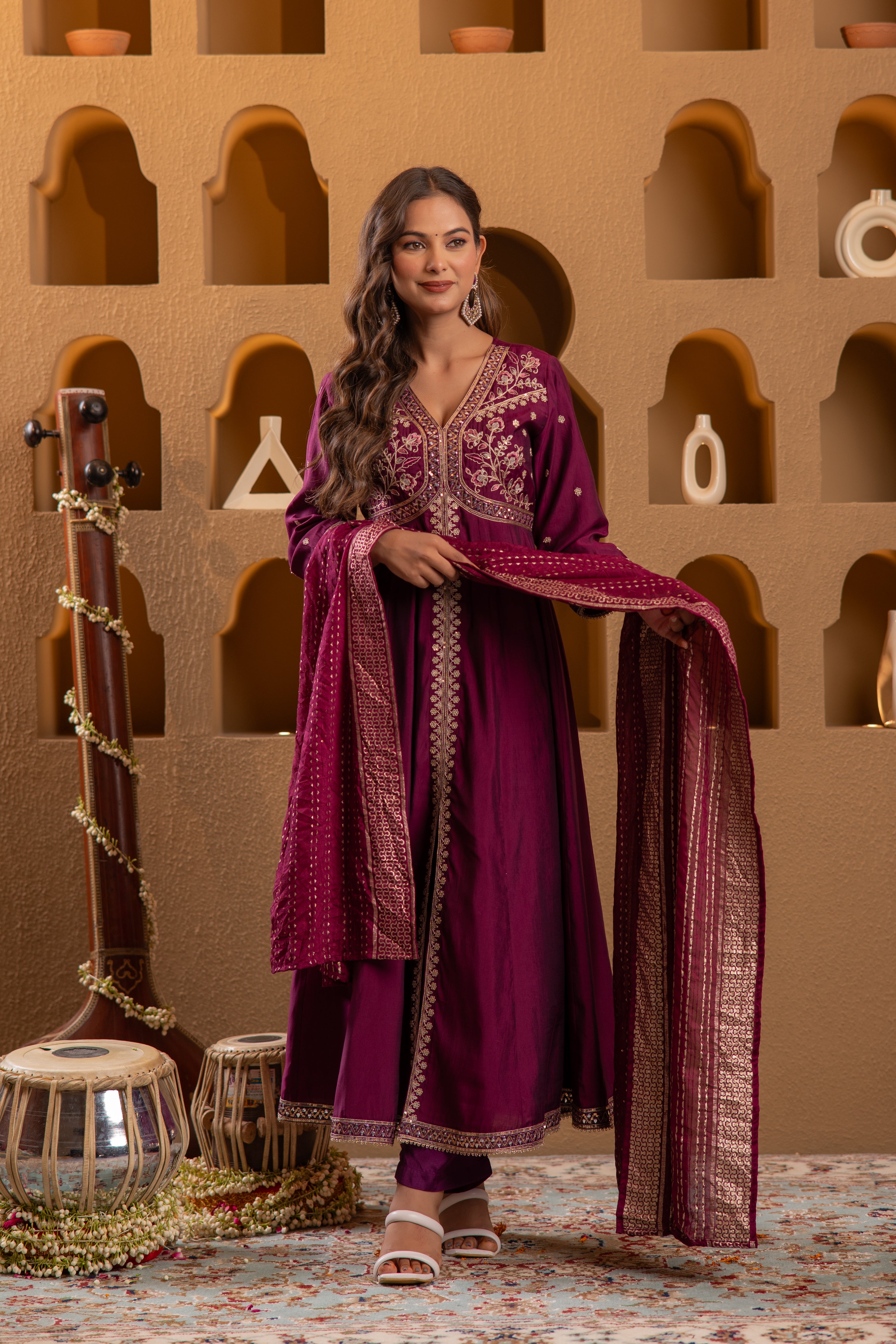 Wine Viscose Solid Fit & Flared Kurta With Pants & Dupatta Set With Mirror, Thread, Dori & Sequence Work