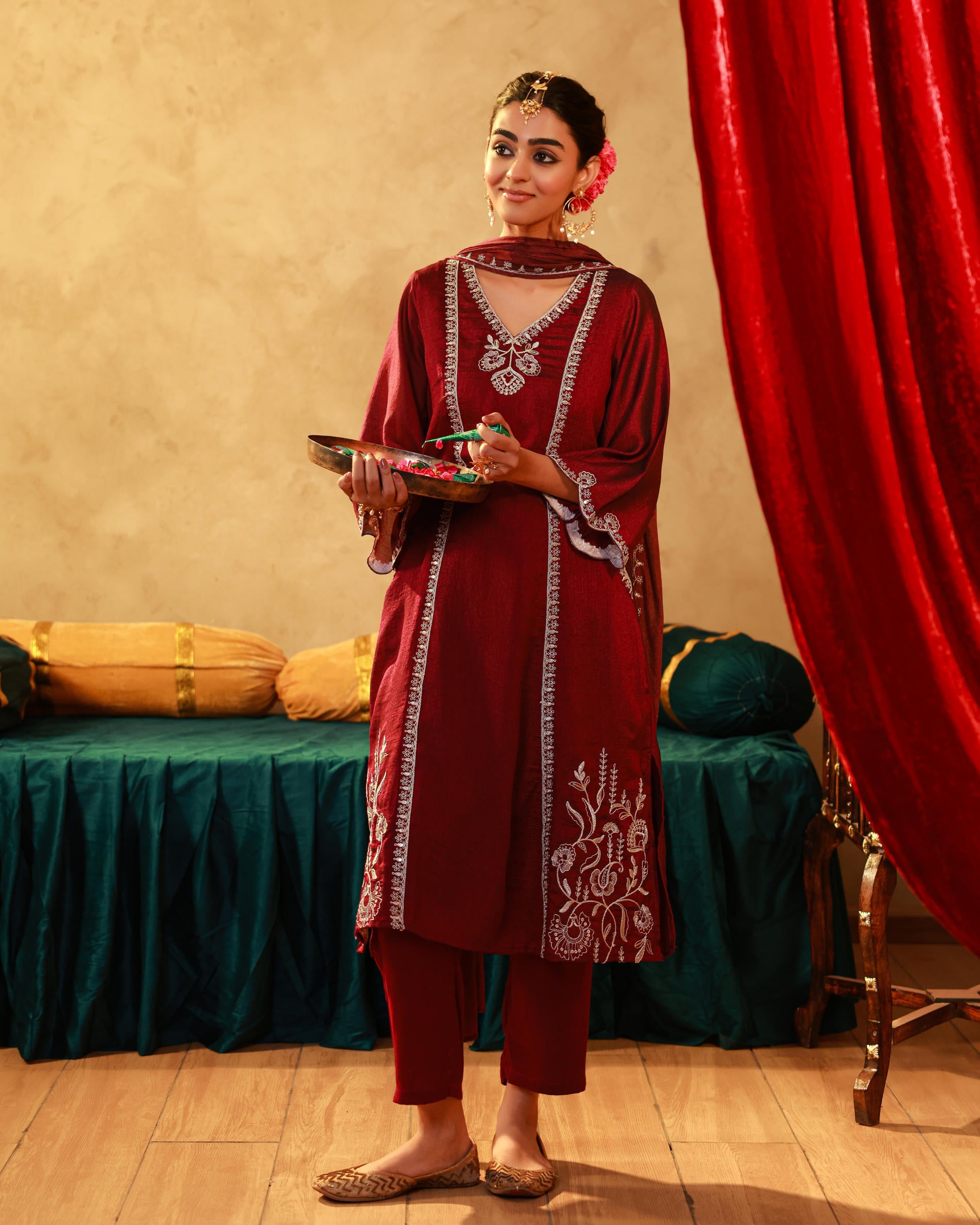 Red Manmade Fiber Straight Kurta Pant And Dupatta Set with Mirror, Thread, Dori & Sequin Work