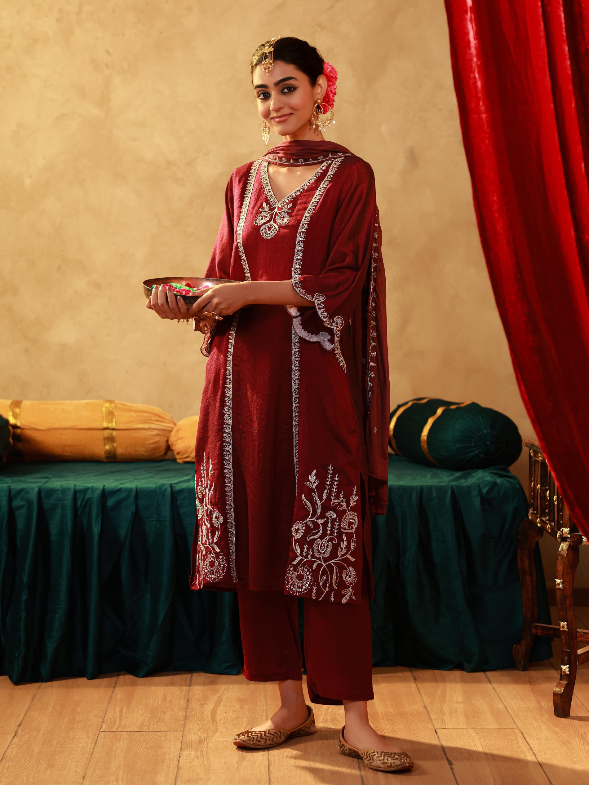 Red Manmade Fiber Straight Kurta Pant And Dupatta Set with Mirror, Thread, Dori & Sequin Work