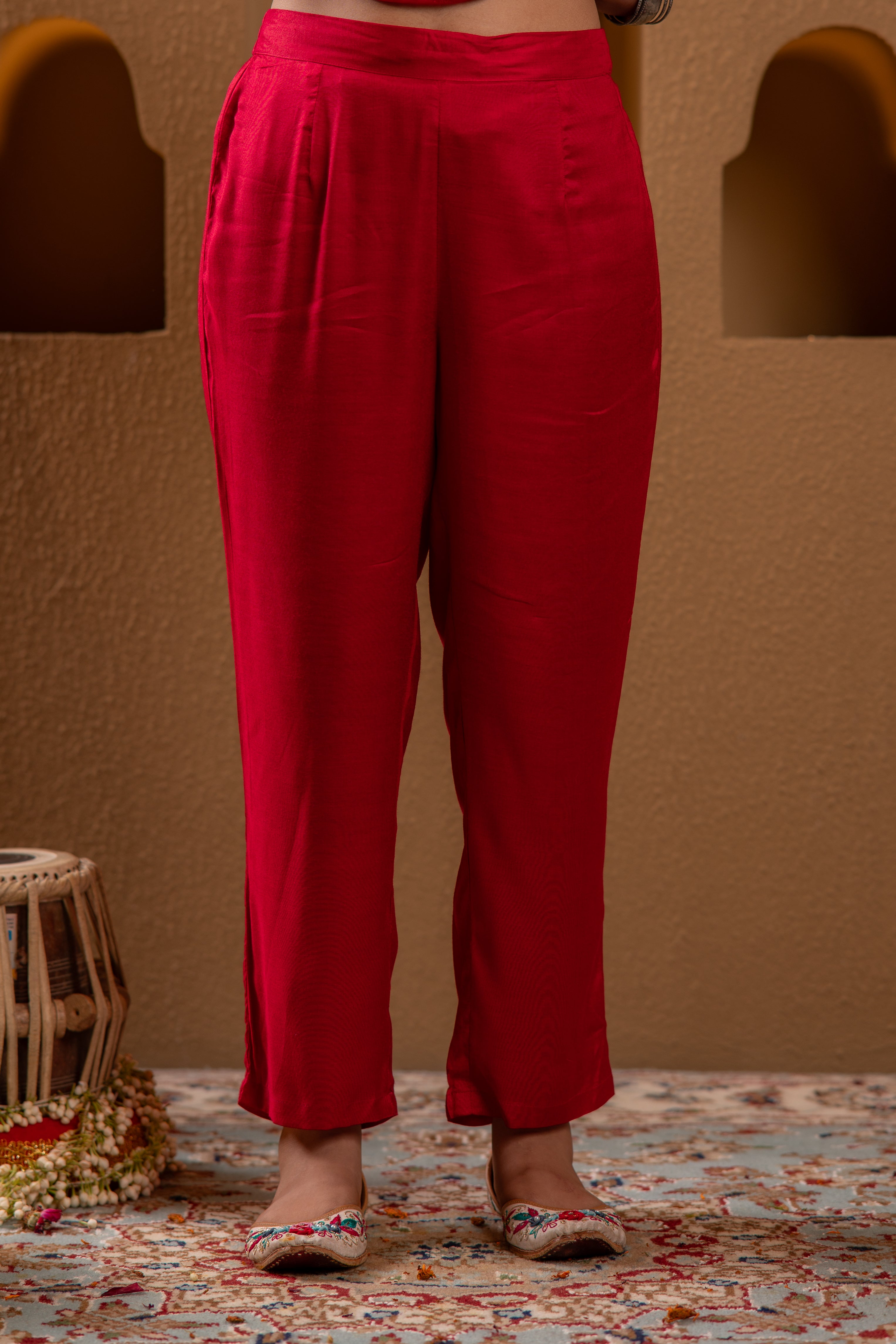 Red Manmade Fiber Straight Kurta Pant And Dupatta Set with Mirror, Thread, Dori & Sequin Work