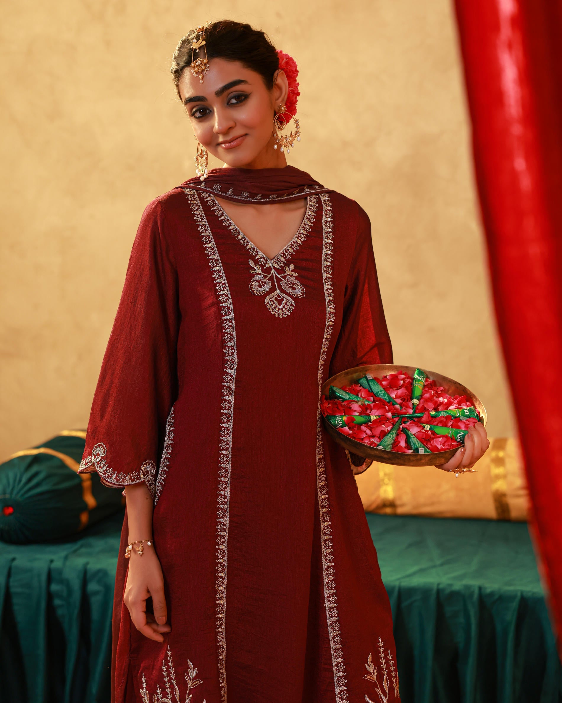Red Manmade Fiber Straight Kurta Pant And Dupatta Set with Mirror, Thread, Dori & Sequin Work