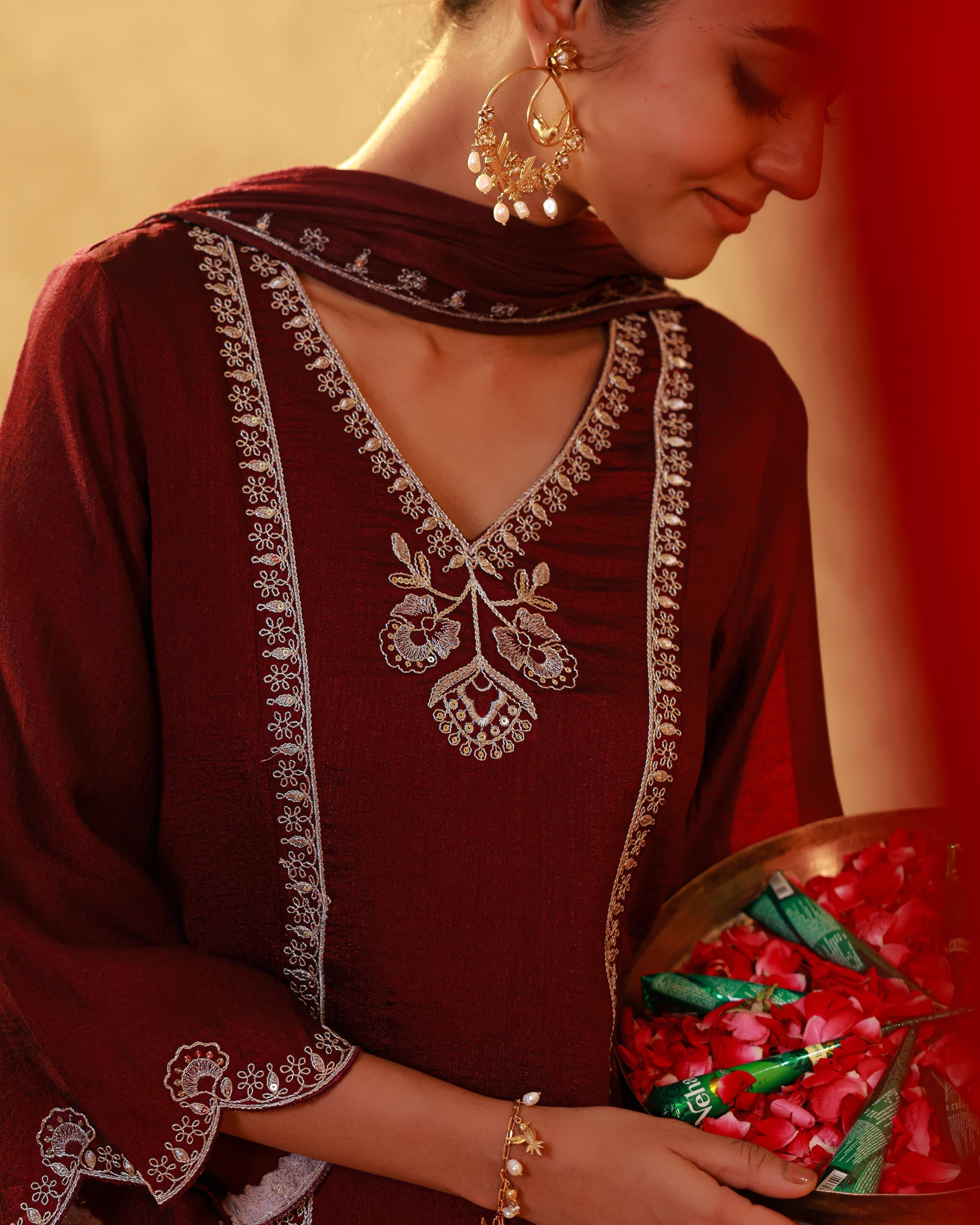 Red Manmade Fiber Straight Kurta Pant And Dupatta Set with Mirror, Thread, Dori & Sequin Work