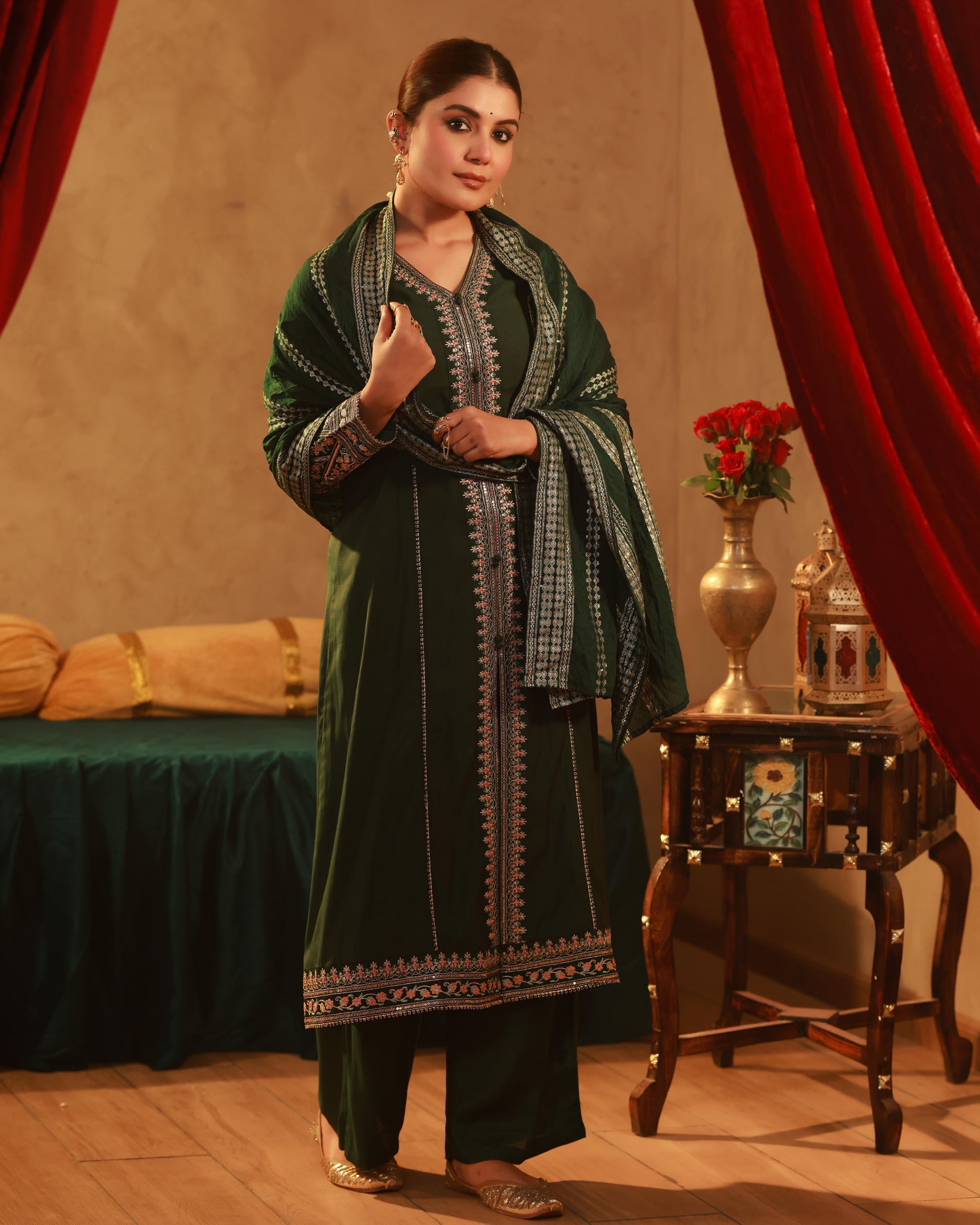 Bottle Green Viscose Solid A-Line Kurta With Pants & Dupatta Set With Zari, Sequence & Dori Work