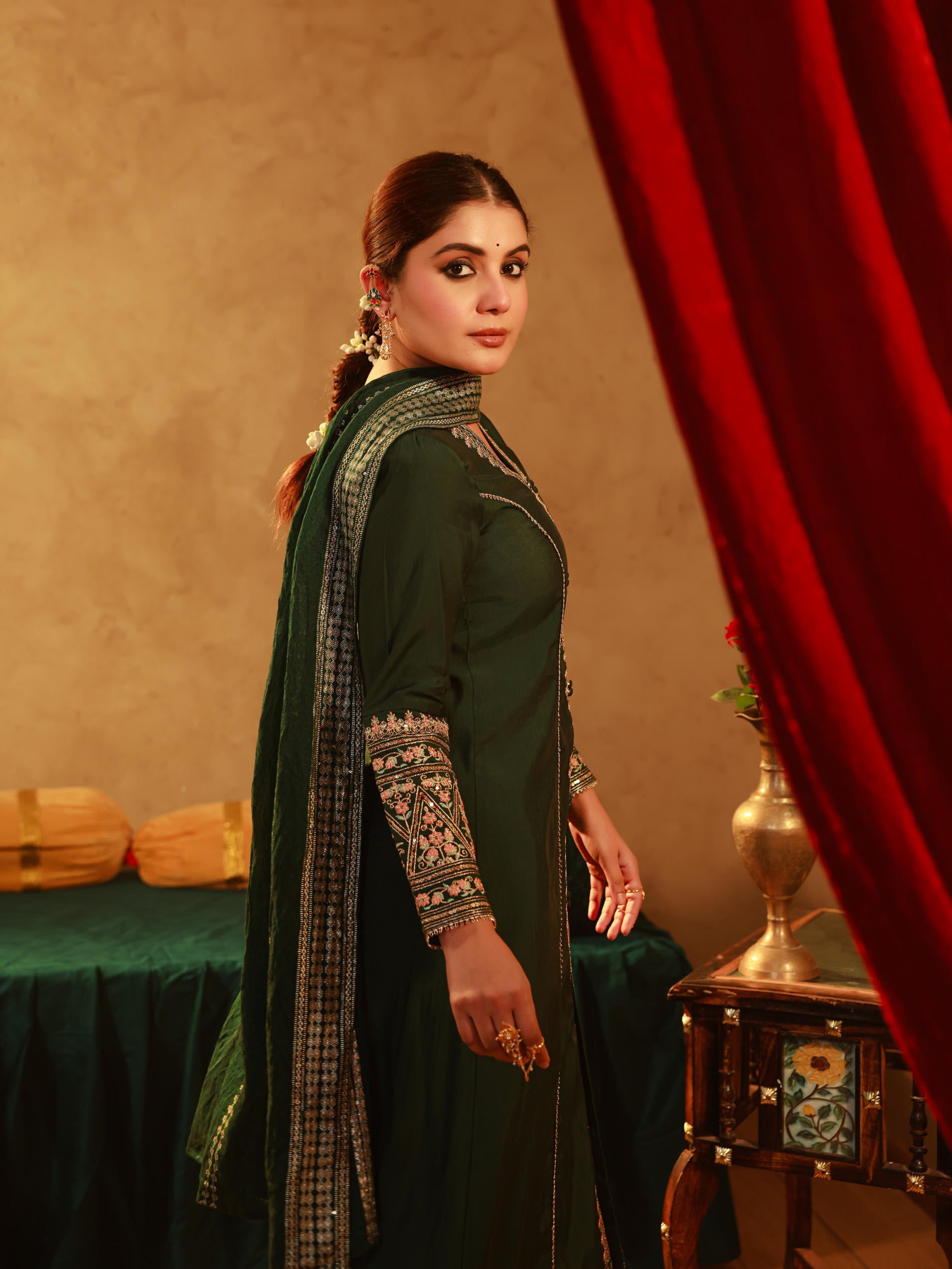 Bottle Green Viscose Solid A-Line Kurta With Pants & Dupatta Set With Zari, Sequence & Dori Work