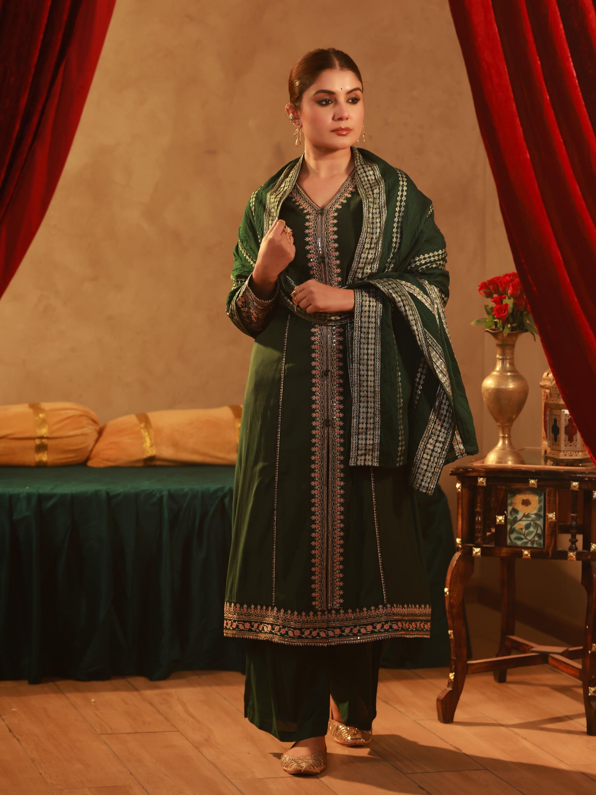 Bottle Green Viscose Solid A-Line Kurta With Pants & Dupatta Set With Zari, Sequence & Dori Work