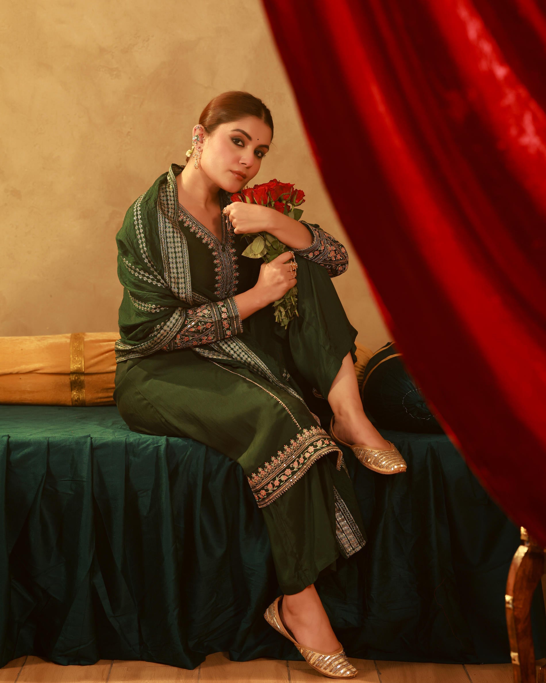 Bottle Green Viscose Solid A-Line Kurta With Pants & Dupatta Set With Zari, Sequence & Dori Work