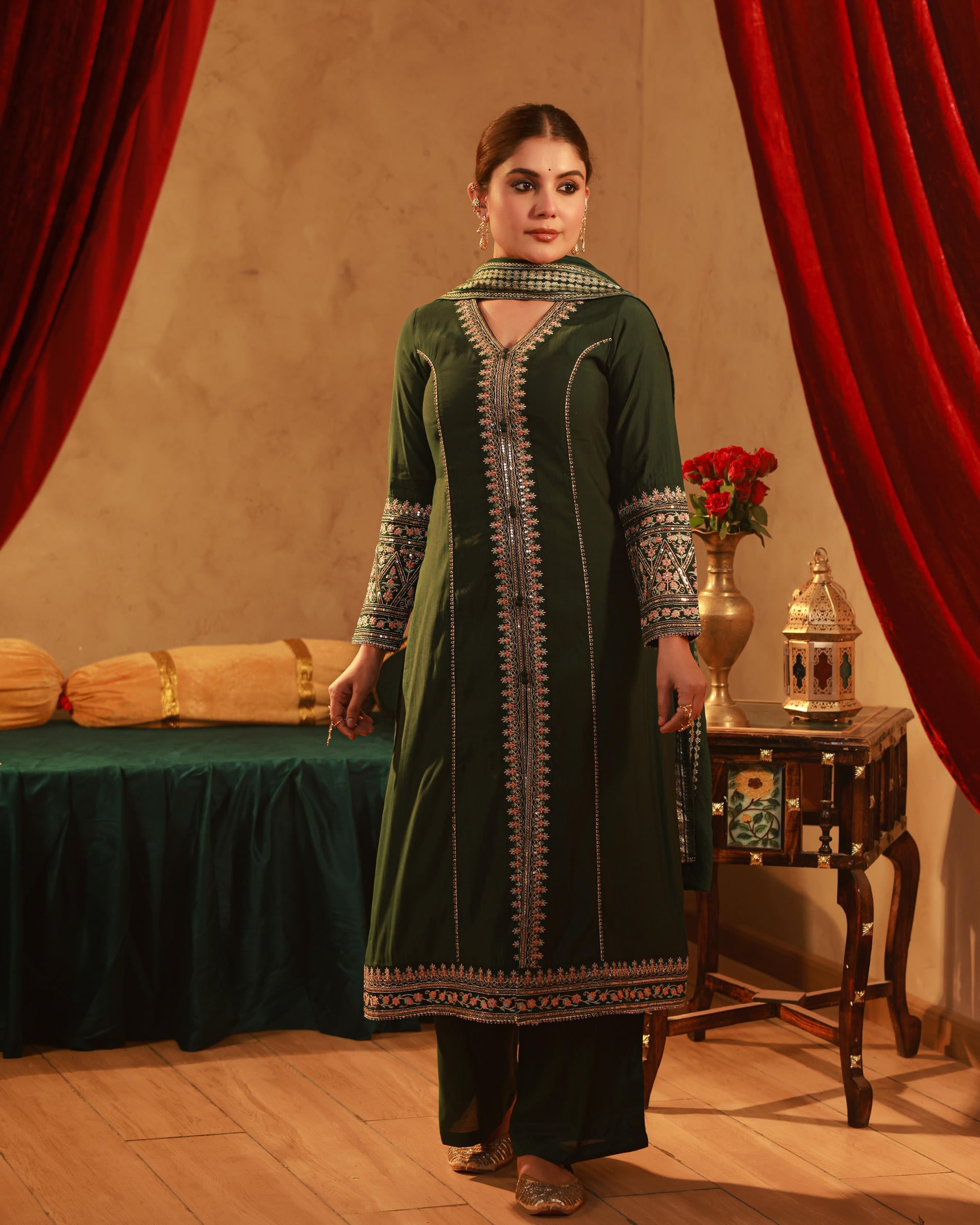 Bottle Green Viscose Solid A-Line Kurta With Pants & Dupatta Set With Zari, Sequence & Dori Work