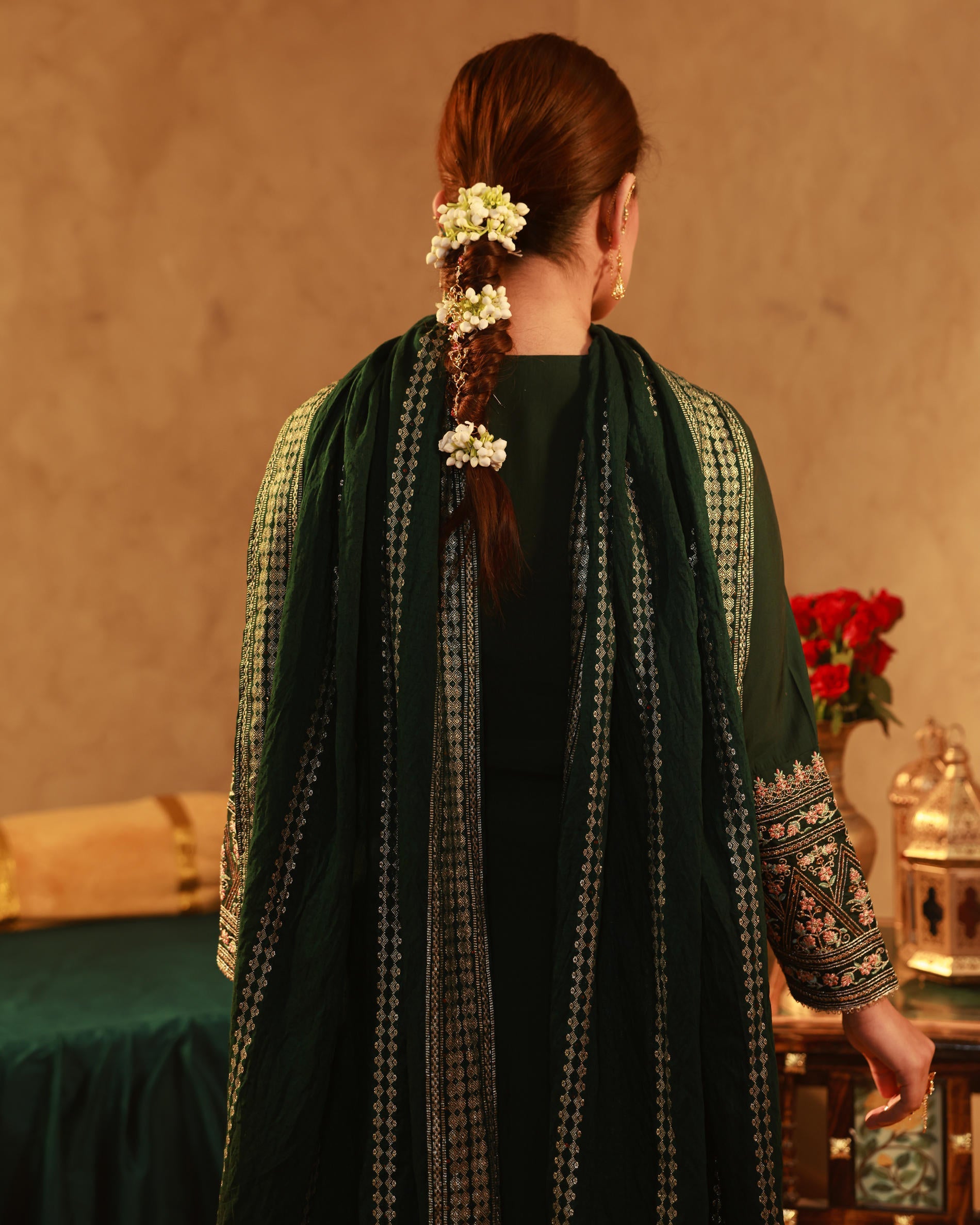 Bottle Green Viscose Solid A-Line Kurta With Pants & Dupatta Set With Zari, Sequence & Dori Work