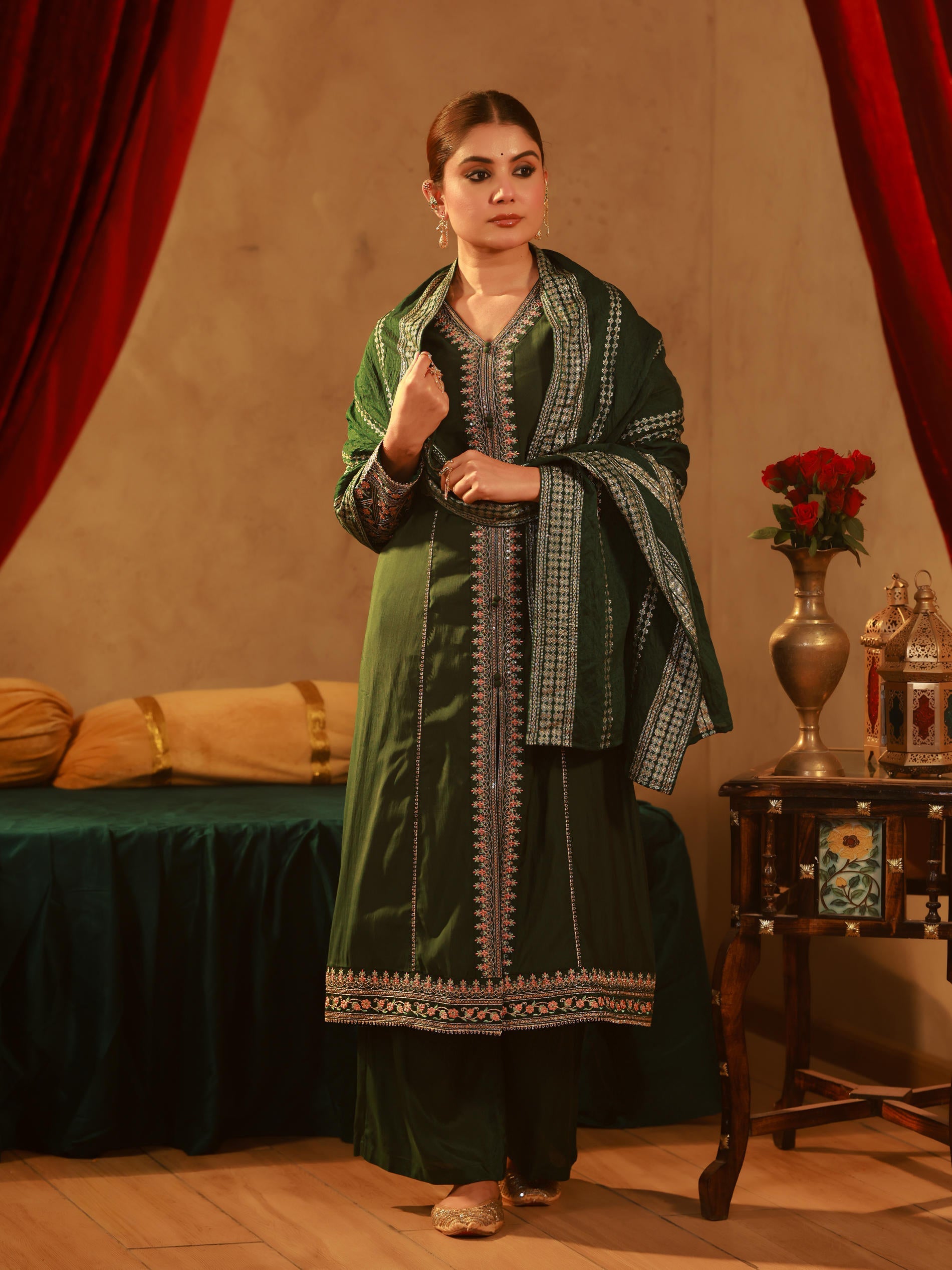 Bottle Green Viscose Solid A-Line Kurta With Pants & Dupatta Set With Zari, Sequence & Dori Work