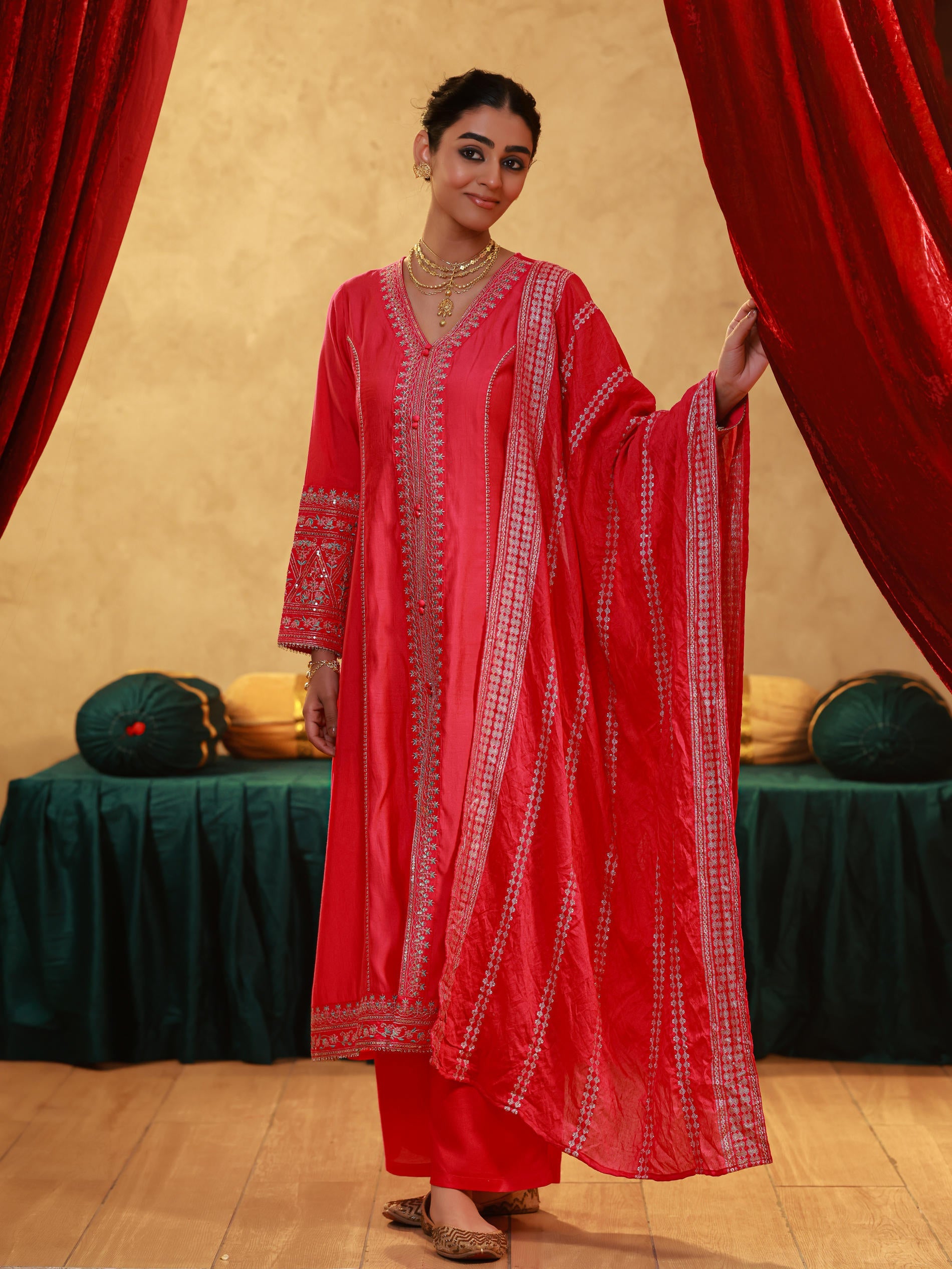 Fuchsia Viscose Solid A-Line Kurta With Pants & Dupatta Set With Zari, Sequence & Dori Work