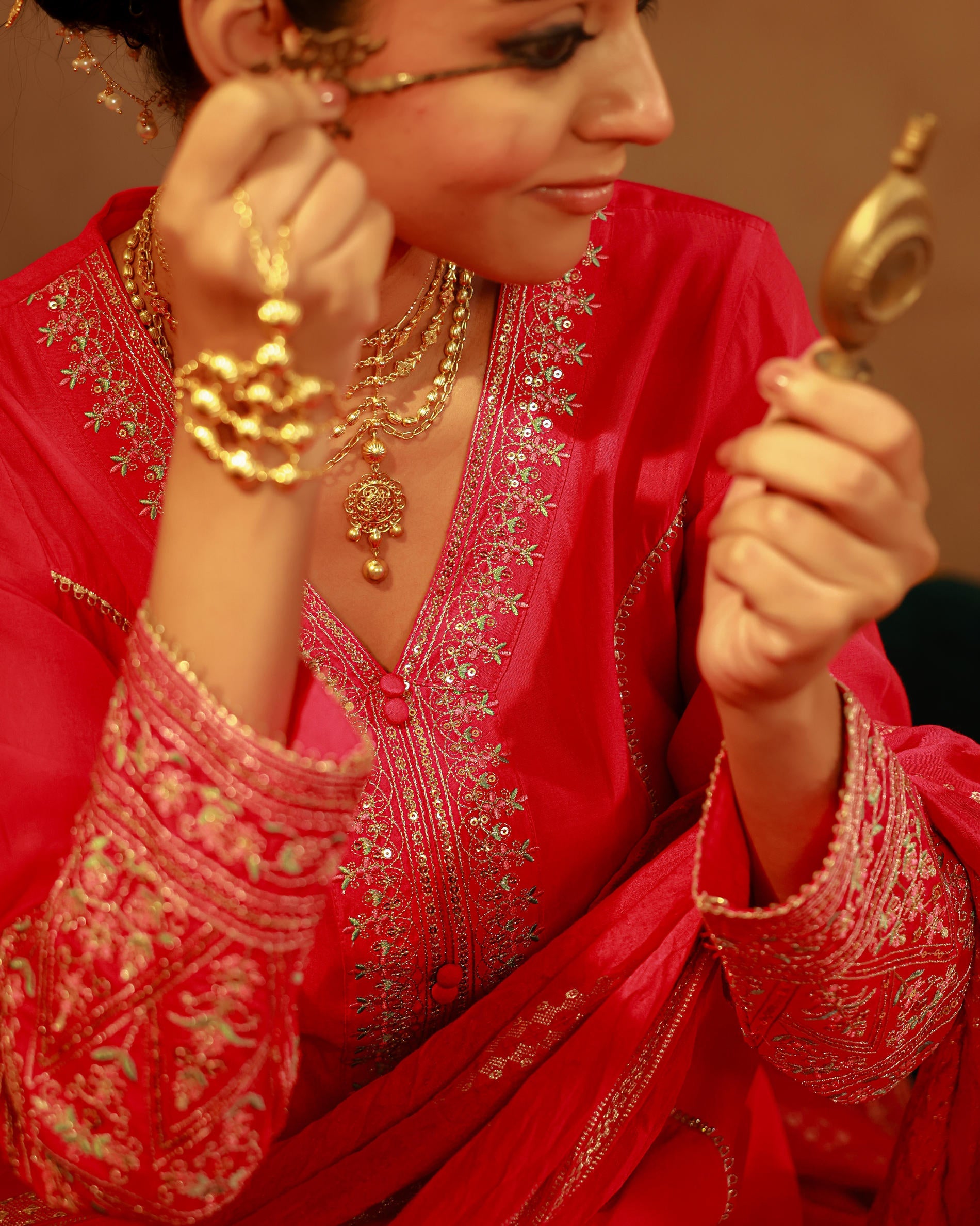 Fuchsia Viscose Solid A-Line Kurta With Pants & Dupatta Set With Zari, Sequence & Dori Work